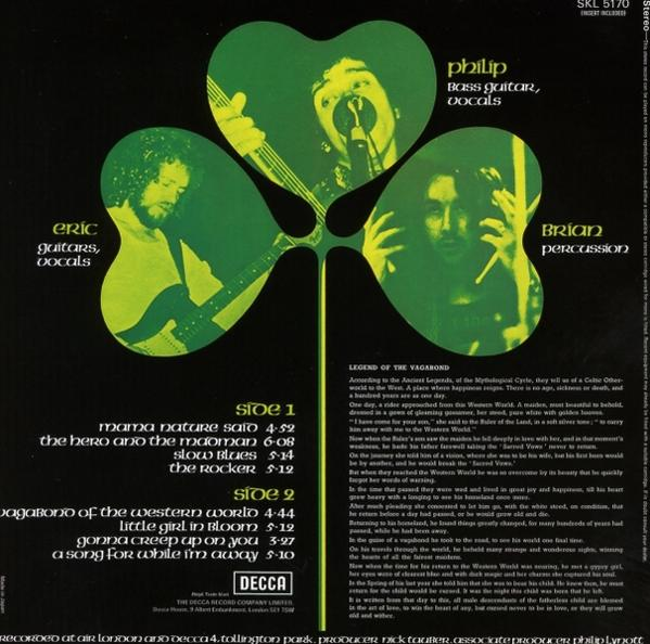 Albumcover mit Bandmitgliedern im Kleeblatt. Text enthält Bandnamen, Instrumente, Titelliste und Plattenlabel.
