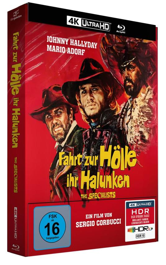 Filmcover. Drei Männer mit Hüten vor rotem Hintergrund. Titel auf Deutsch: 'Fahrt zur Hölle ihr Halunken'. 4K Ultra HD.