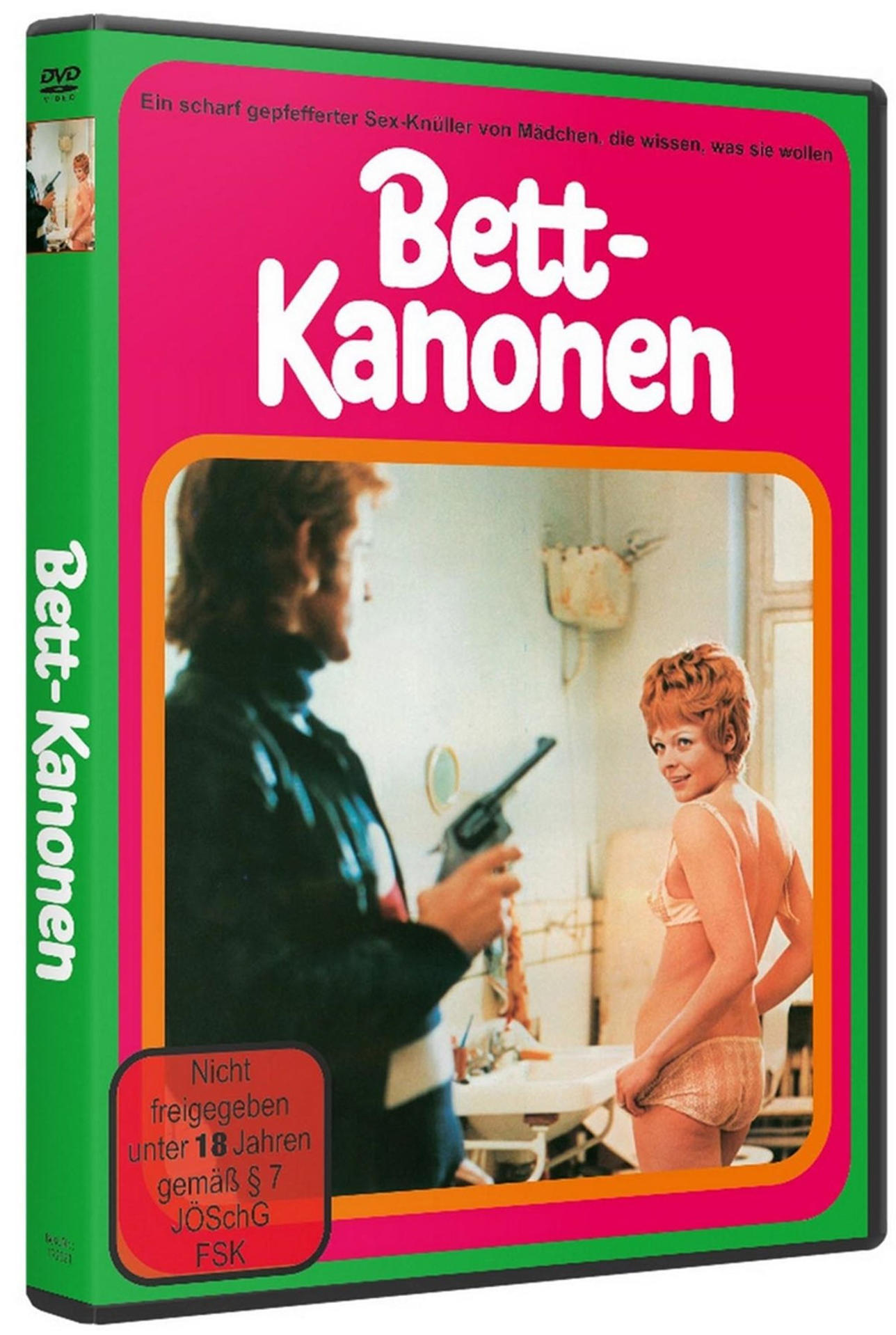 DVD-Cover. Mann mit Pistole, Frau in Unterwäsche. Titel 'Bett-Kanonen'. Warnhinweis. Pinkes, grünes und oranges Farbschema.