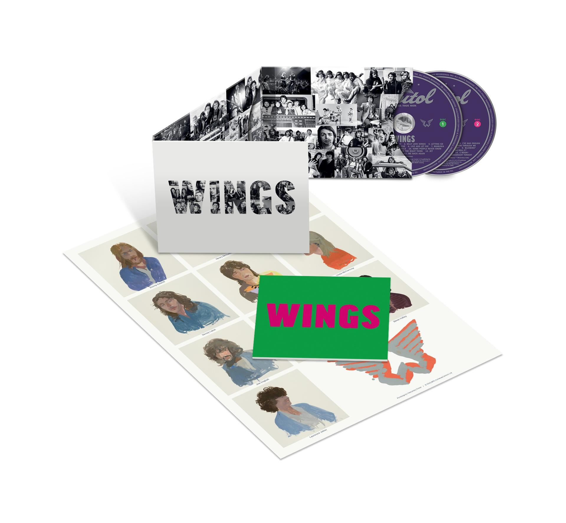 Albumcover mit 'WINGS'-Text, Bandfotos und CDs. Enthält Bandmitgliederillustrationen und eine grüne Box mit pinkfarbenem 'WINGS'.