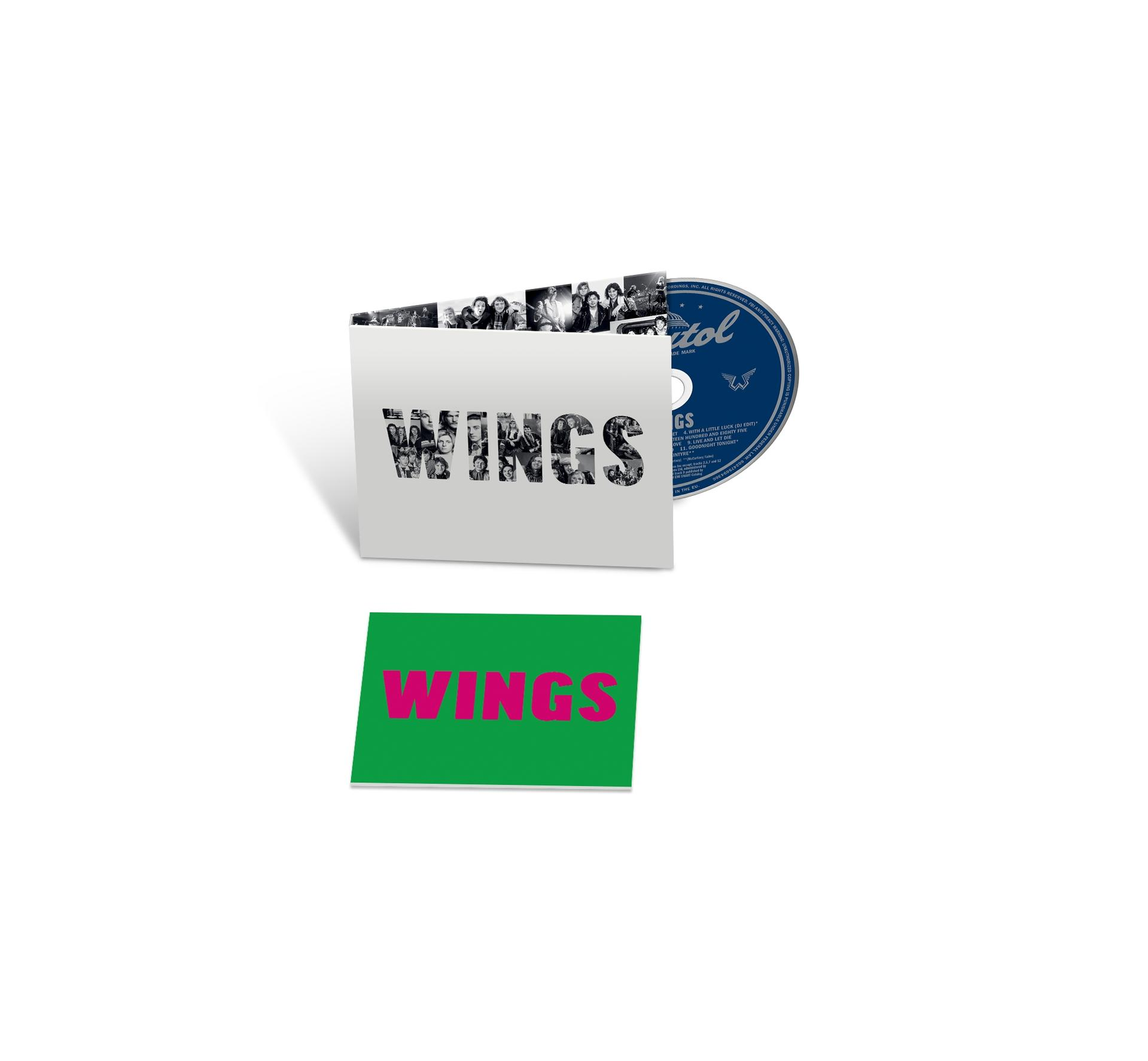 Albumcover mit der Band Wings. Enthält CD, Booklet und grünen Aufkleber mit dem Wort 'WINGS'.