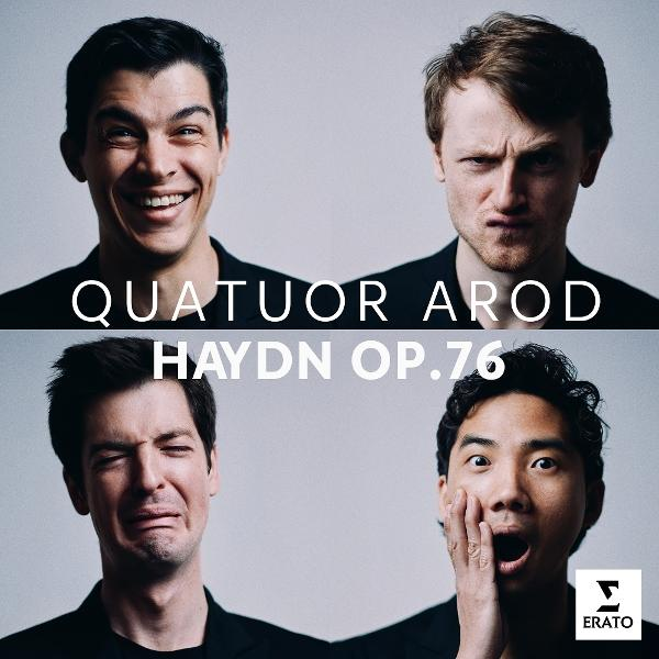 Vier Männer mit verschiedenen Emotionen, darunter Text: QUATUOR AROD HAYDN OP.76