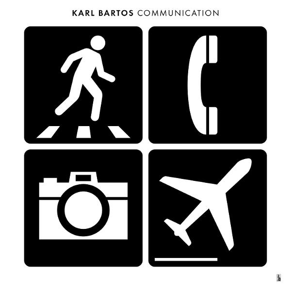 Vier schwarze Quadrate mit weißen Symbolen: Fußgängerüberweg, Telefon, Kamera und Flugzeug. 'KARL BARTOS COMMUNICATION' oben.