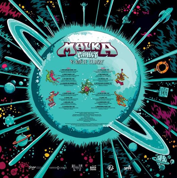 Plakat mit Planet, Ringen und Raketen. Text lautet 'Malka Family Planete Claire'. Cartoonfiguren skaten um den Planeten.
