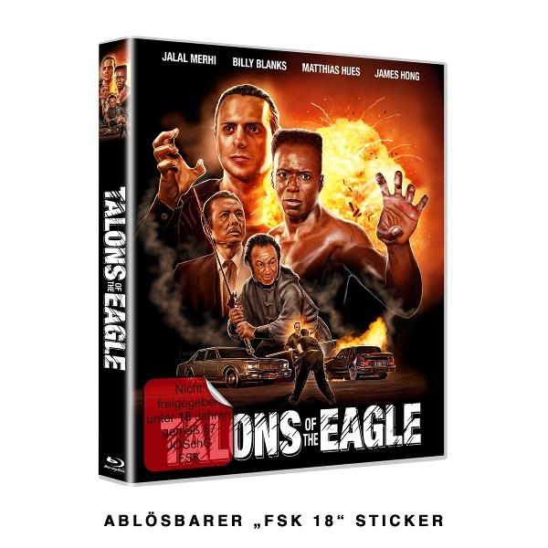 Filmcover mit Jalal Merhi, Billy Blanks und Matthias Hues. Titel 'Talons of the Eagle' und FSK 18-Aufkleber sind sichtbar.