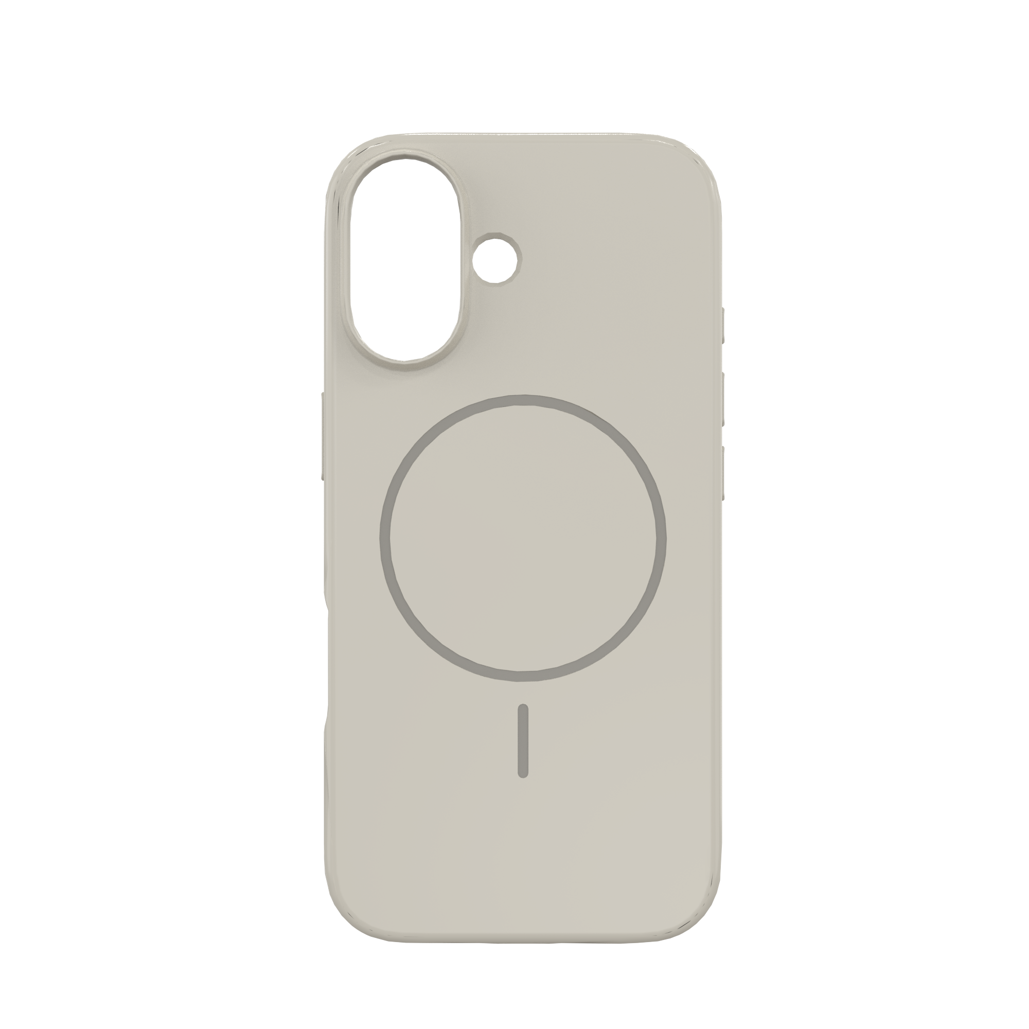 Eine beige Handyhülle mit ovalem Kameraausschnitt, kreisförmigem Design und kleiner Ladeanzeige.