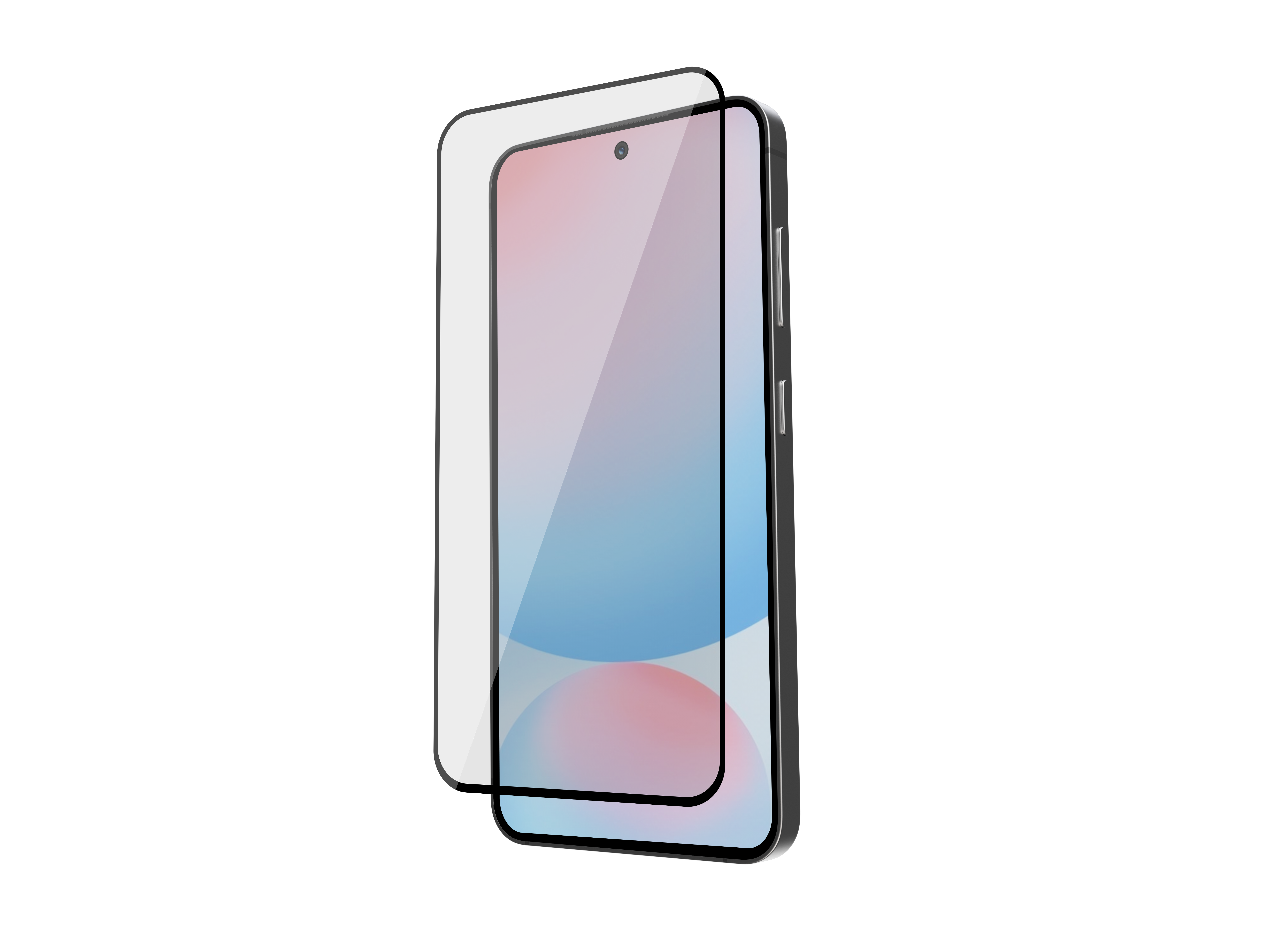 Ein Smartphone mit Displayschutzfolie auf schwarzem Grund. Der Bildschirm zeigt einen Farbverlauf von Rosa und Blau.