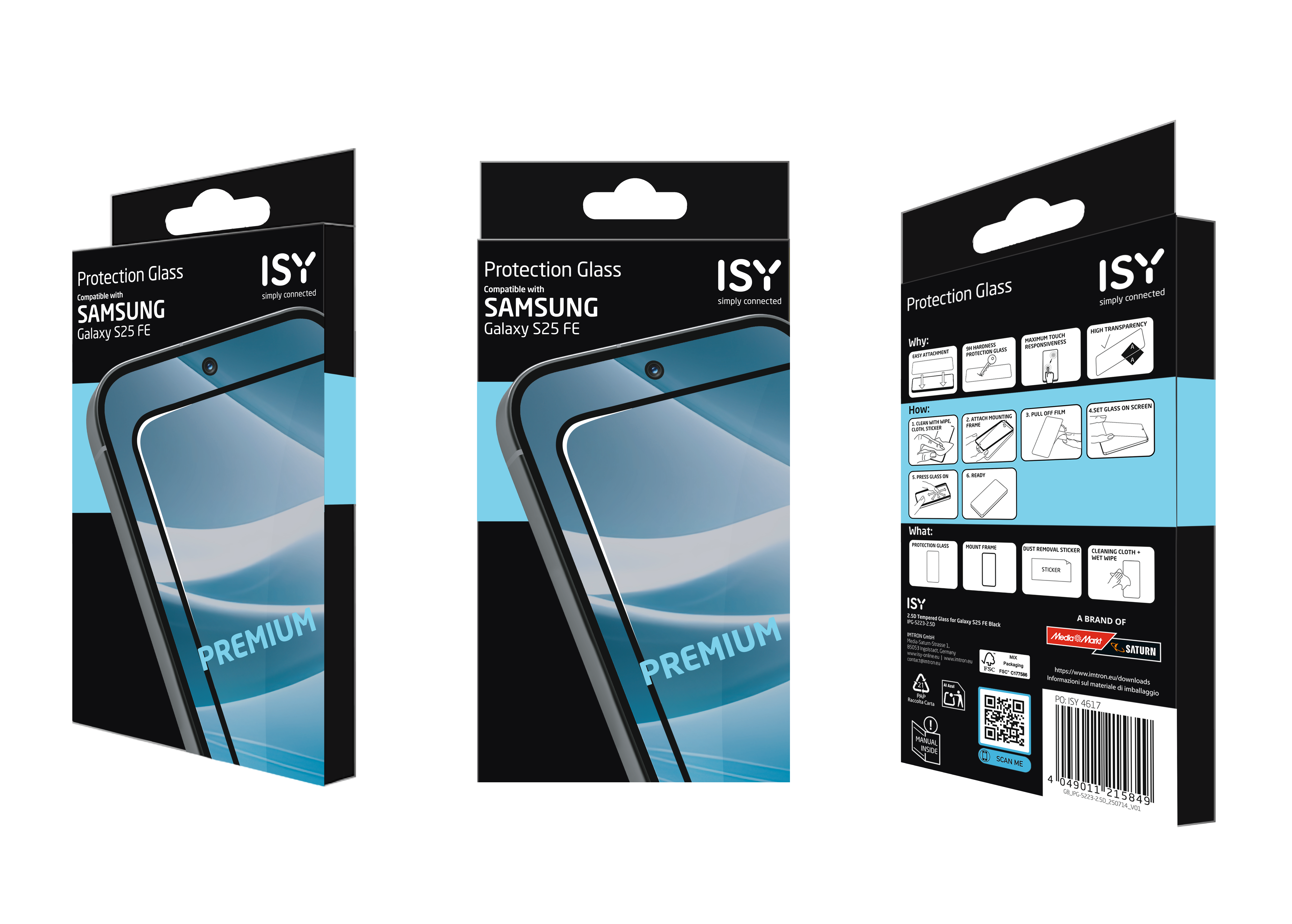 Drei ISY-Displayschutzboxen. Schwarzer Hintergrund. Die Boxen zeigen Produkt und Eigenschaften.