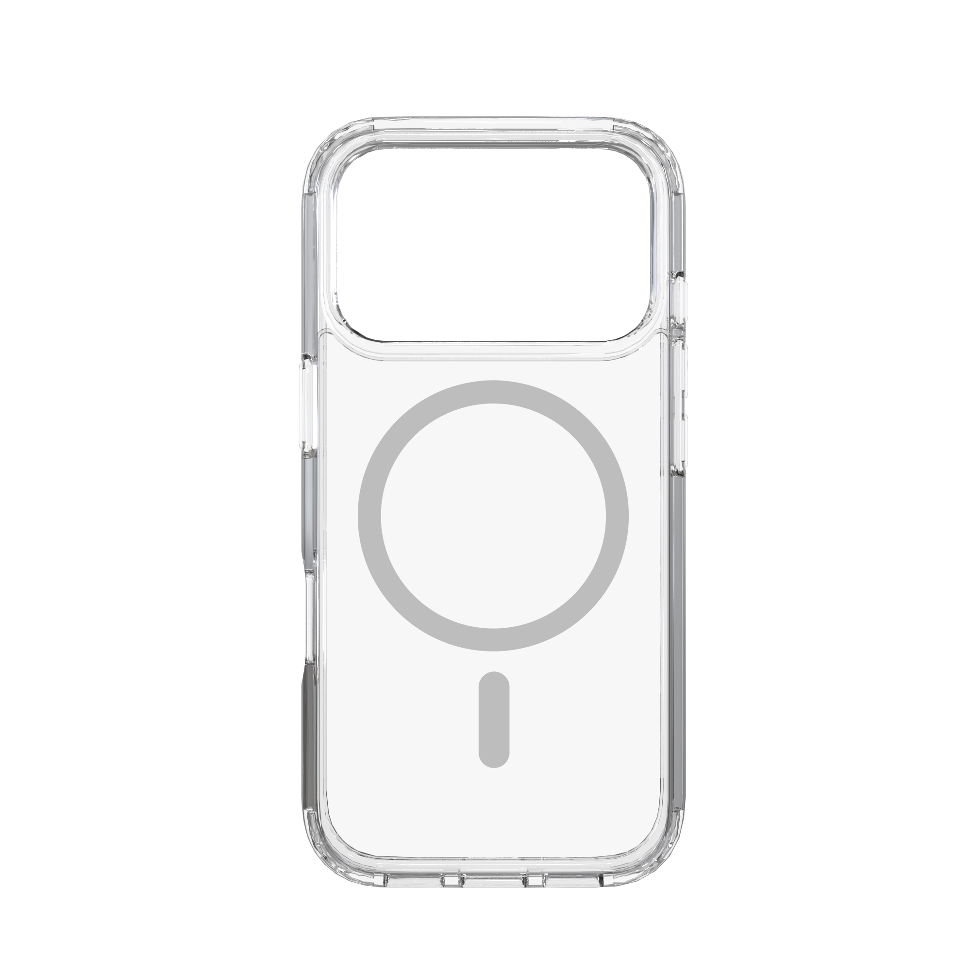 Eine transparente Handyhülle mit einem kreisförmigen und vertikal rechteckigen Design auf der Rückseite.