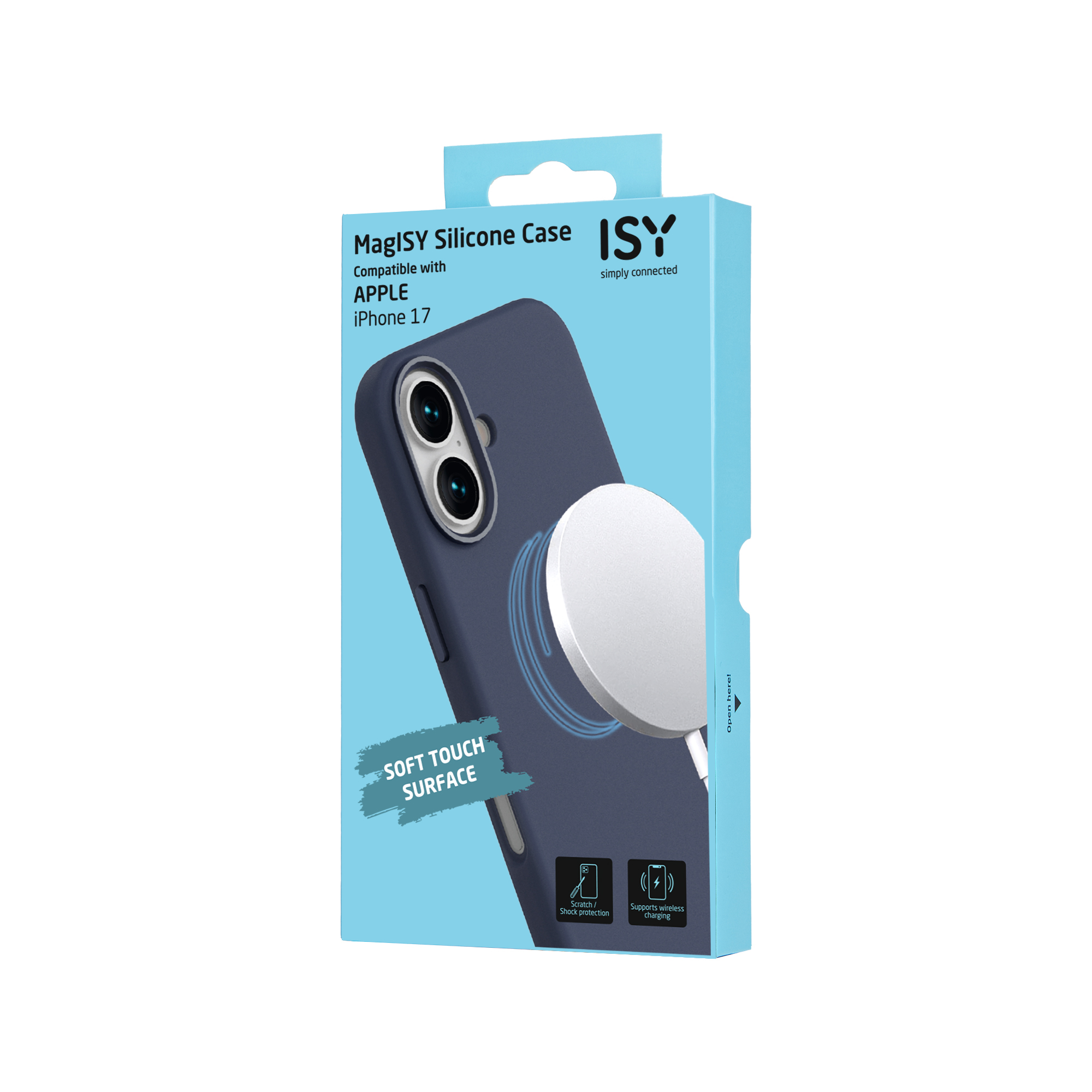 Schachtel mit MagISY Silikonhülle für iPhone 17. Zeigt die Handyhülle, ein weißes Ladegerät und Funktionen wie Stoßschutz.