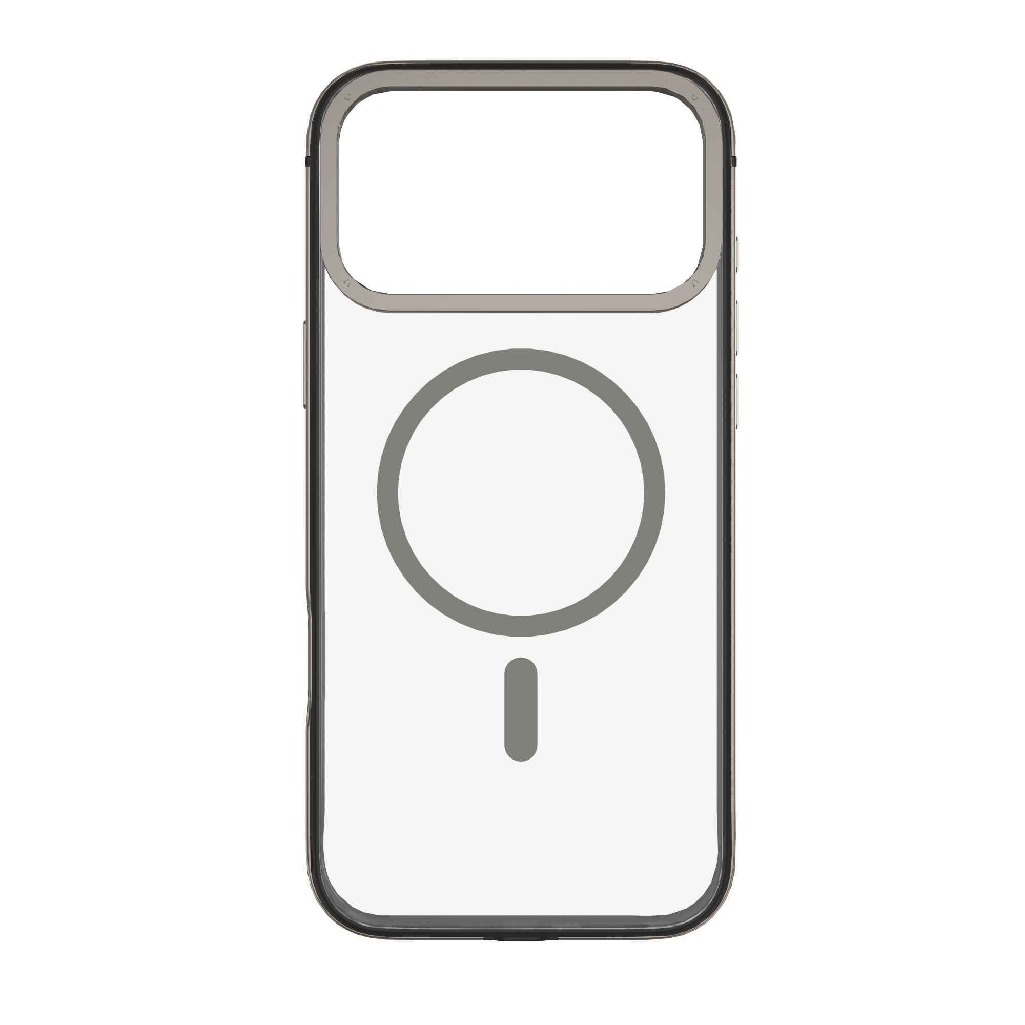 Transparente Handyhülle mit grauem Rahmen und kreisförmigem Design für MagSafe. Der Hintergrund ist weiß.