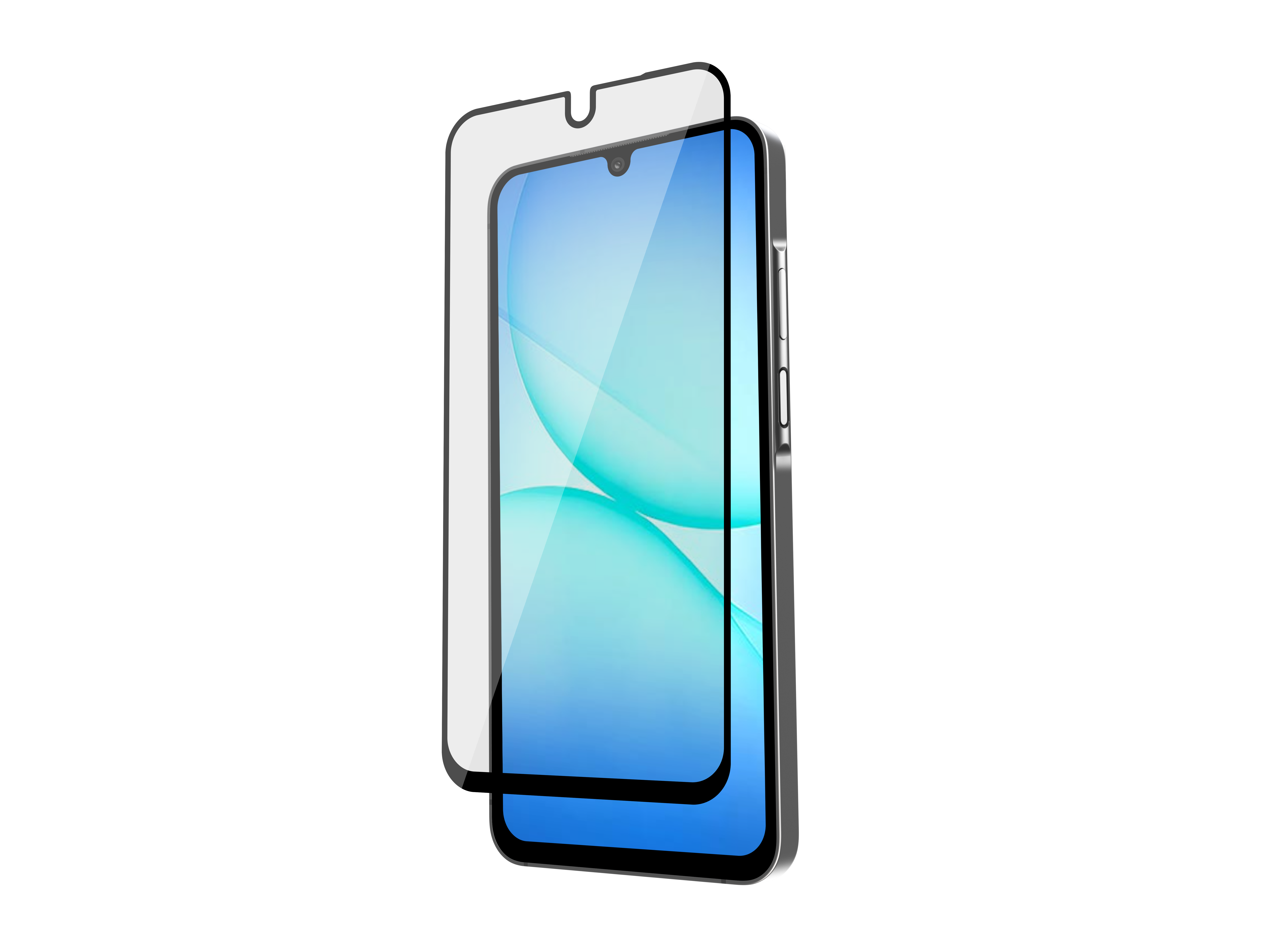 Ein Smartphone mit Displayschutzfolie vor schwarzem Hintergrund. Der Bildschirm zeigt blaue und weiße Farbverläufe.
