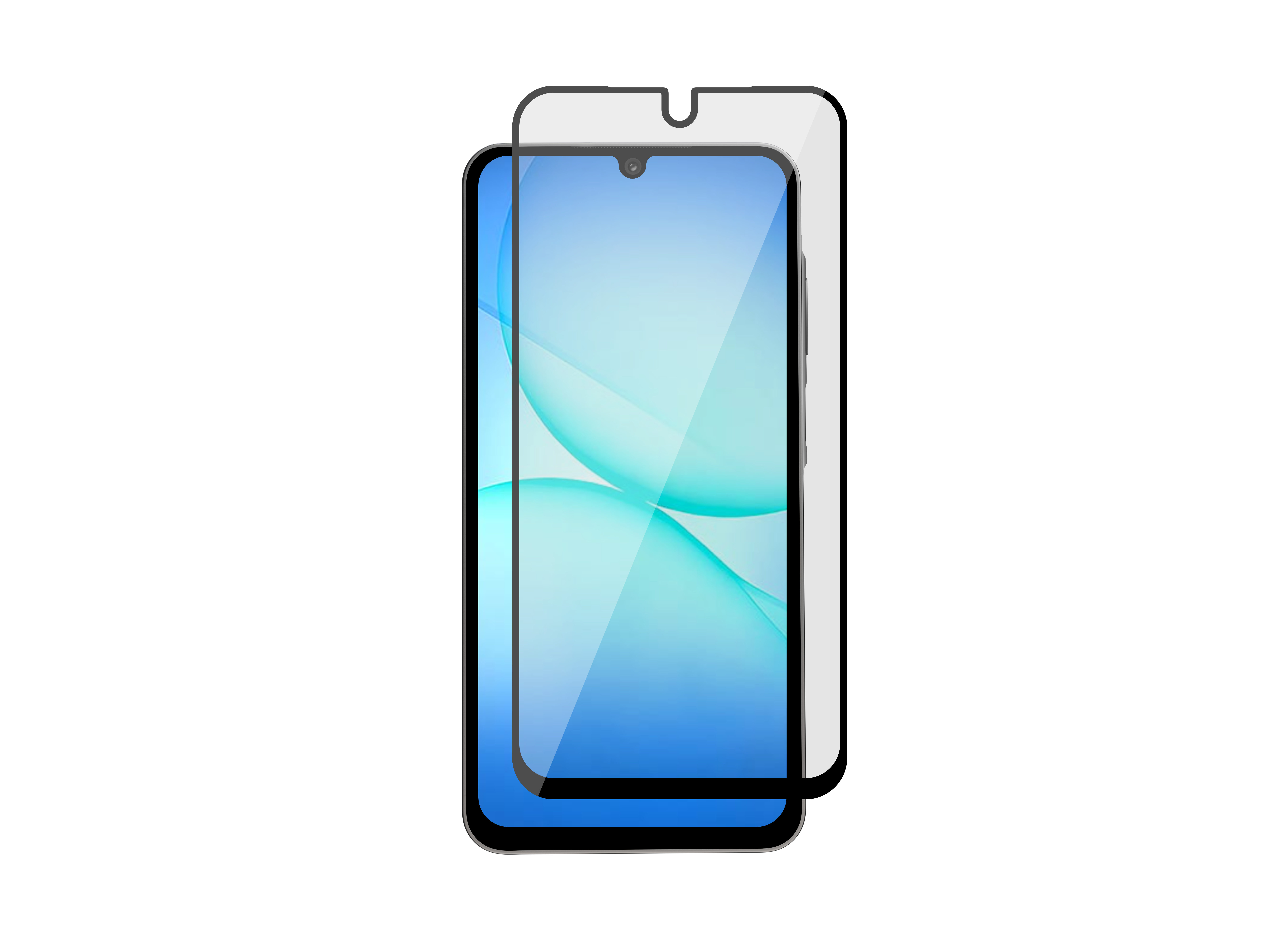 Ein Smartphone mit Displayschutzfolie. Der Bildschirm zeigt ein blau-weißes abstraktes Design. Schwarzer Hintergrund.
