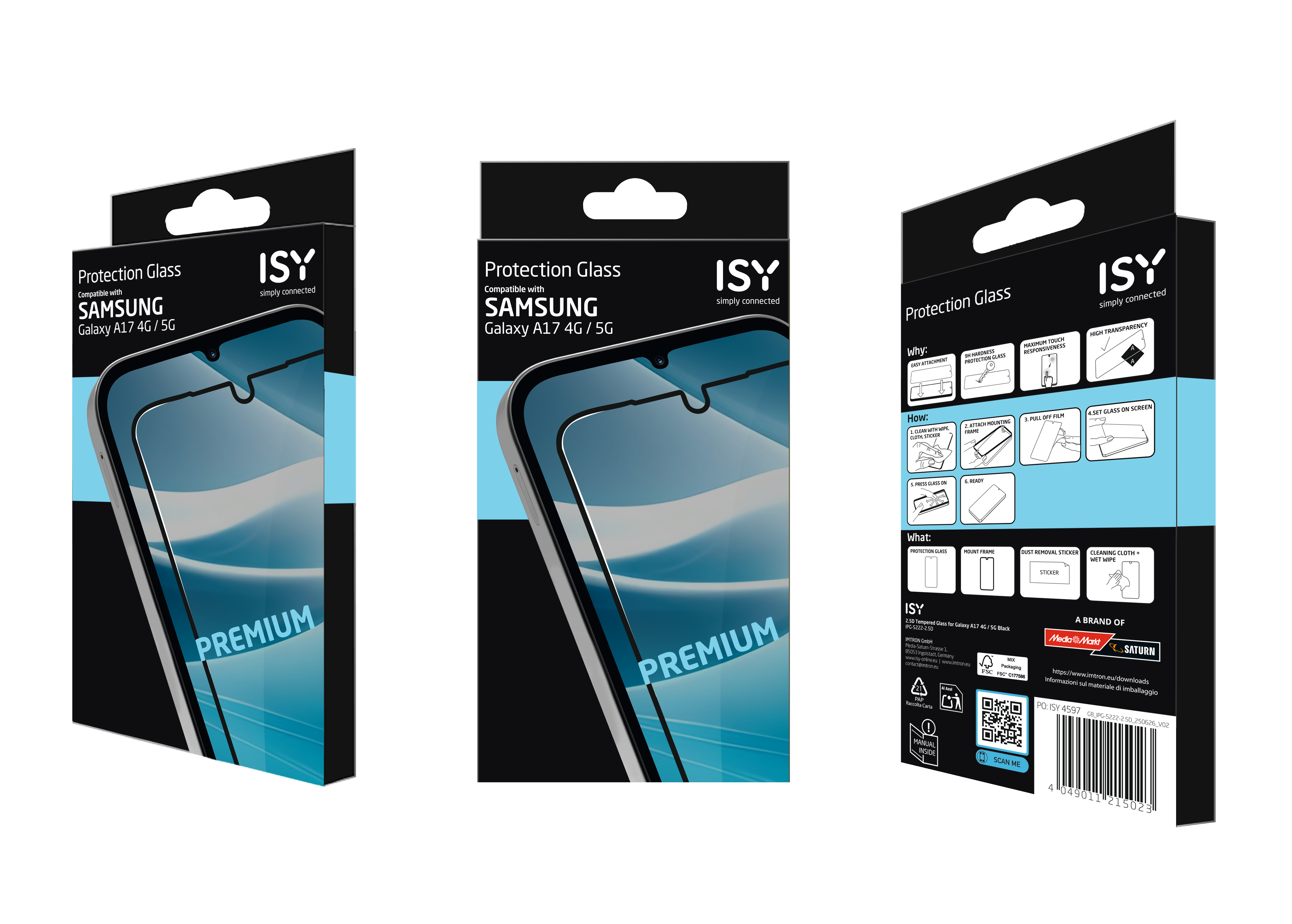 Schachtel mit ISY-Schutzglas für Samsung Galaxy A17 4G/5G. Schwarze Schachtel mit Smartphone-Bild.