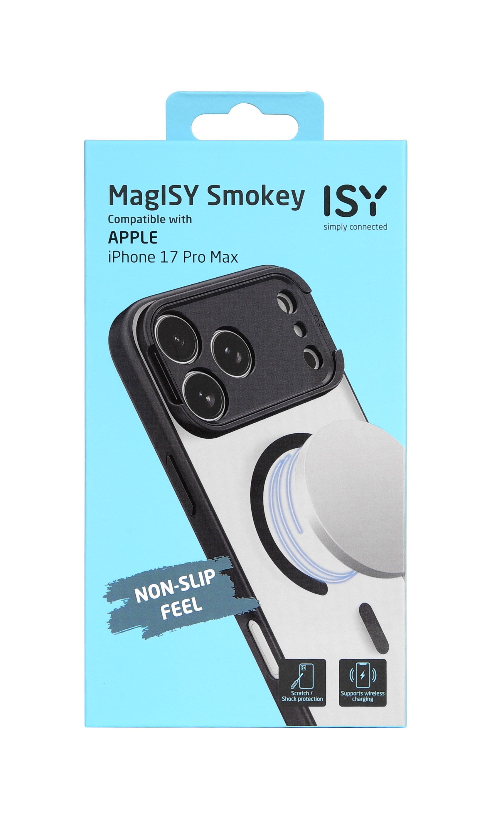 Eine Handyhüllenbox für das iPhone 17 Pro Max. Zeigt die Hülle mit der Marke MagISY Smokey, Funktionen wie rutschfest und kabelloses Laden.