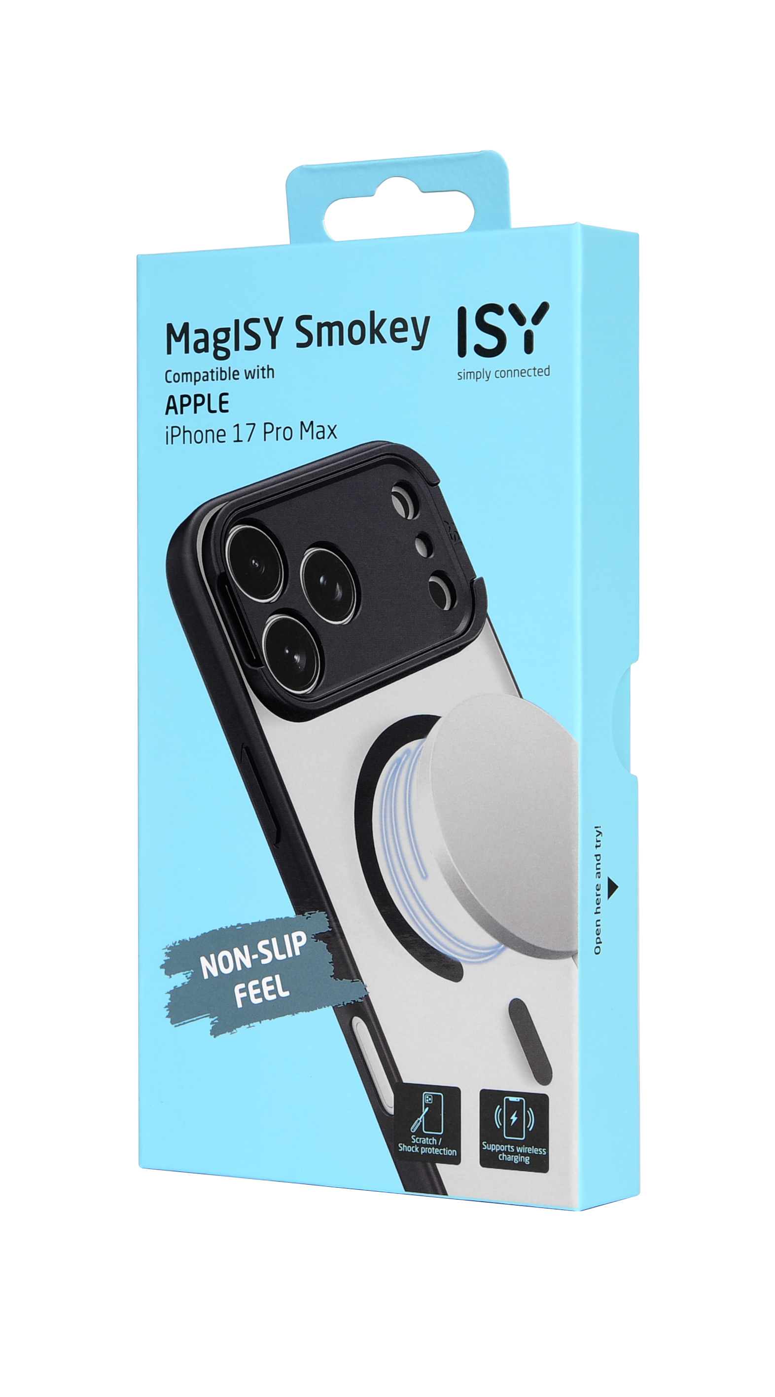 Eine blaue Box zeigt eine Handyhülle für das iPhone 17 Pro Max. Zu den Merkmalen gehören rutschfeste Haptik, Kratzschutz und kabelloses Laden.