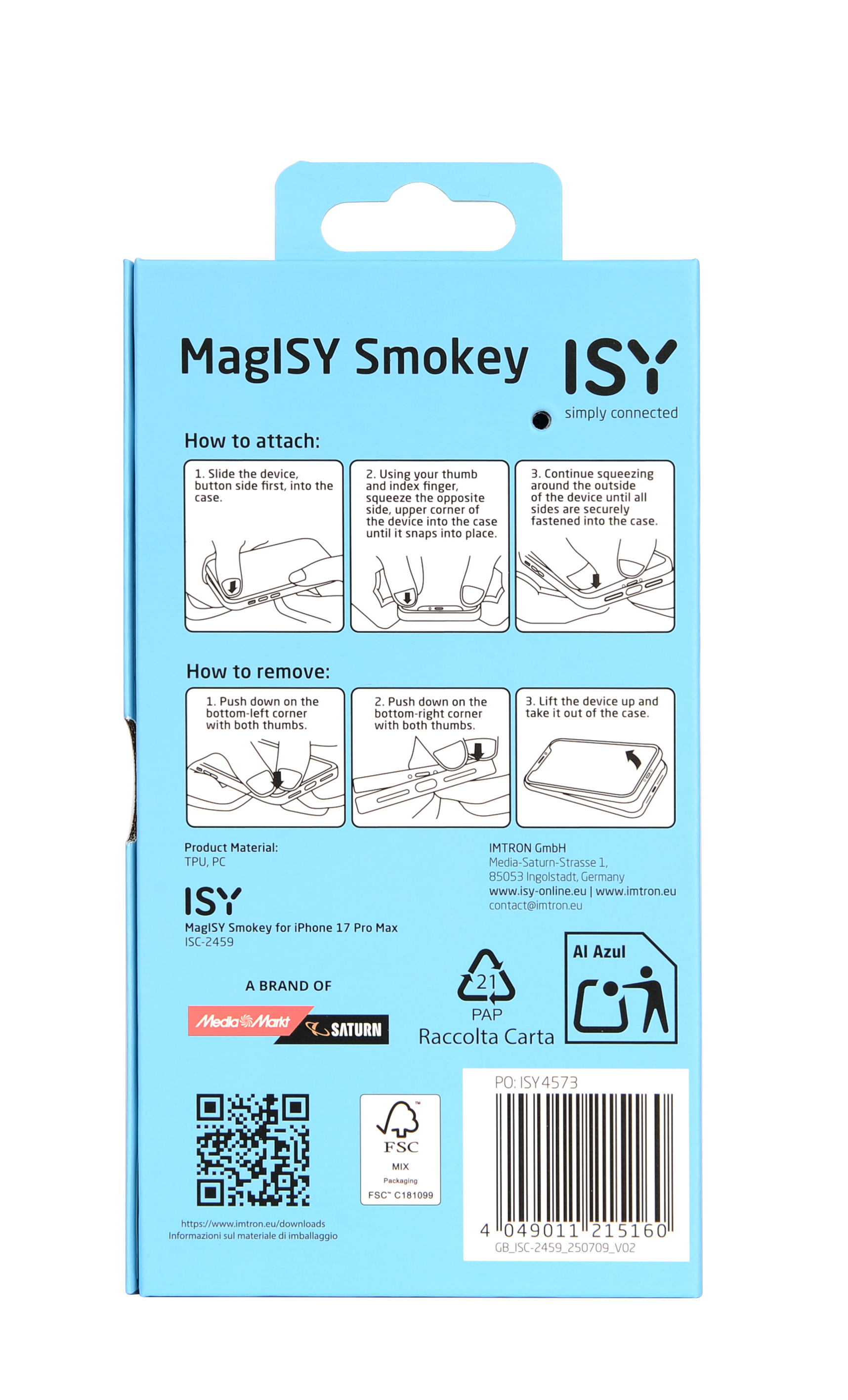 Eine blaue Schachtel mit Anweisungen zum Anbringen und Entfernen einer Handyhülle. Die Markennamen sind MagISY und ISY.