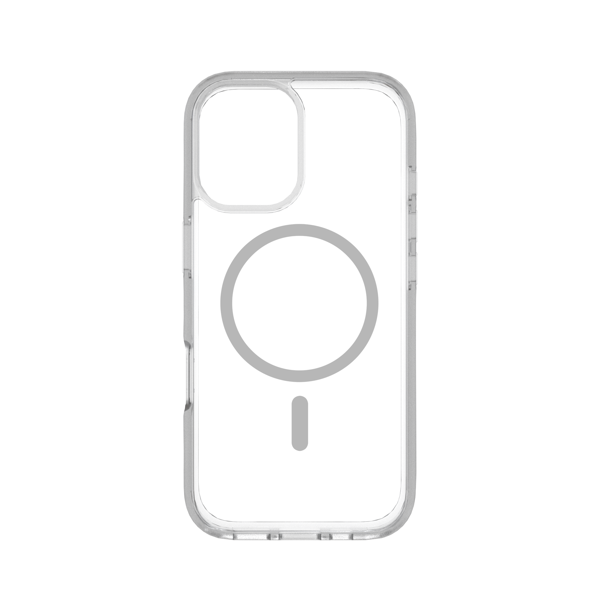 Eine transparente Handyhülle mit MagSafe-Kreis- und Rechteckausschnitten. Graue Akzente umranden die Ränder.