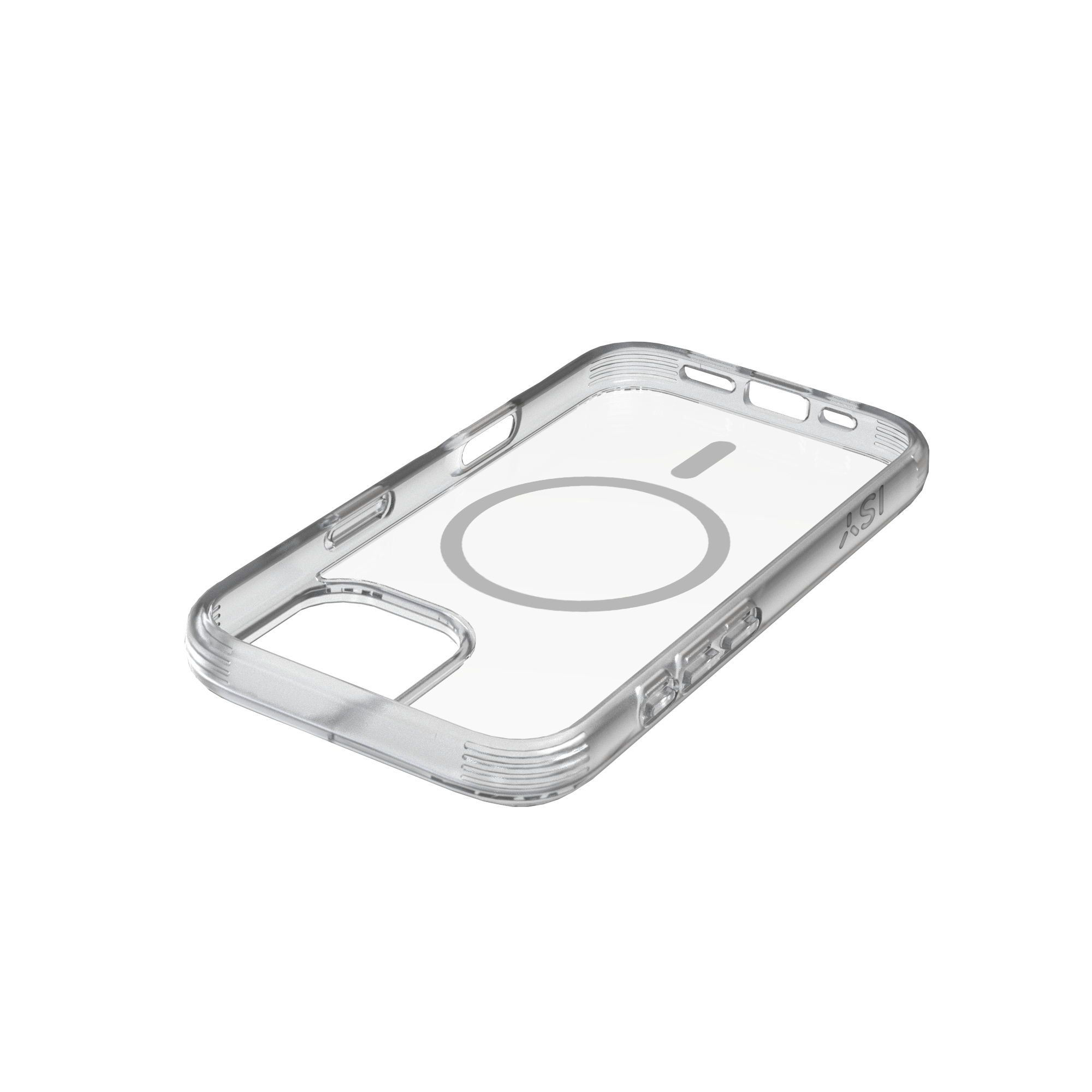 Transparente iPhone-Hülle mit grauem MagSafe-Kreis und rechteckigem Abschnitt. Sie ist transparent auf weißem Hintergrund.