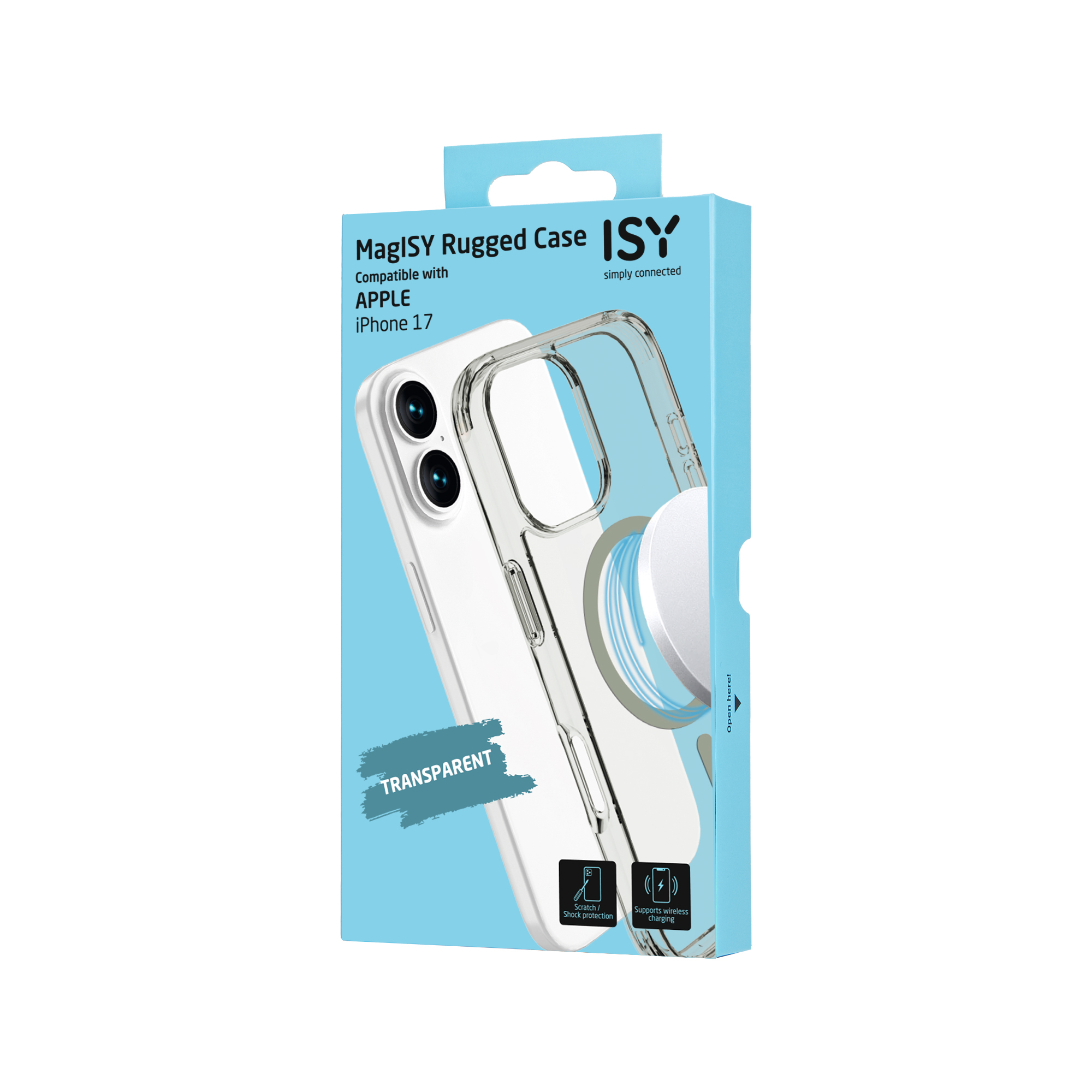 Verpackte Handyhülle für das iPhone 17. Sie ist transparent und trägt die Aufschrift 'MagISY Rugged Case'. Enthält Symbole für Kratzschutz und kabelloses Laden.