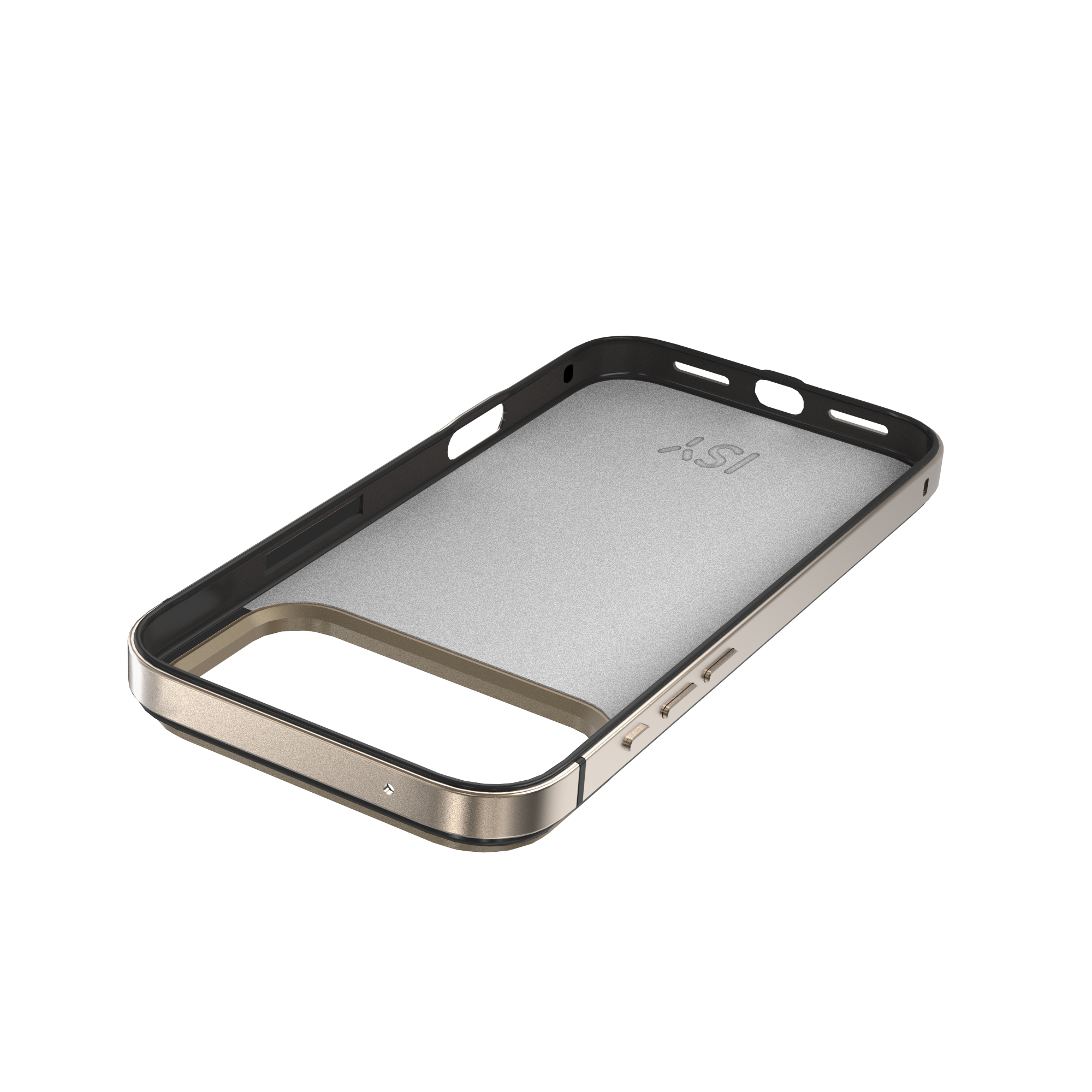 Eine iPhone-Hülle, goldfarbener Rahmen mit schwarzem Rand, silberner Innenraum, auf weißem Hintergrund. Die Hülle ist leer und abgewinkelt.