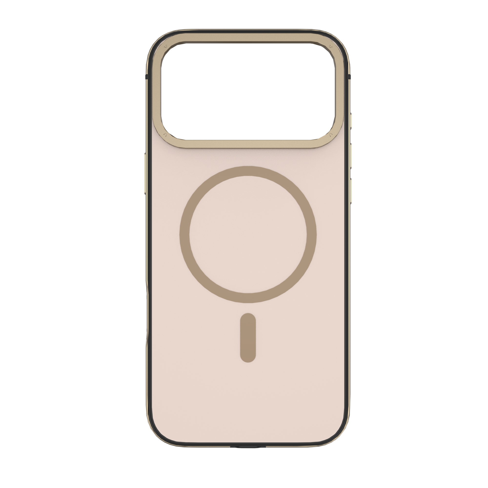Eine hellrosa Handyhülle mit goldenen Akzenten, einem kreisförmigen Design und einem Minuszeichen. Der Kameraausschnitt ist sichtbar.