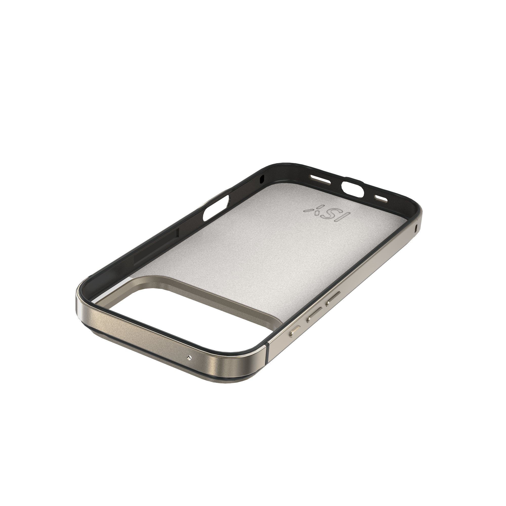 Telefonhülle in Metallicfarben, Schwarz und Gold. Die Innenseite ist silberfarben und auf weißem Hintergrund platziert.