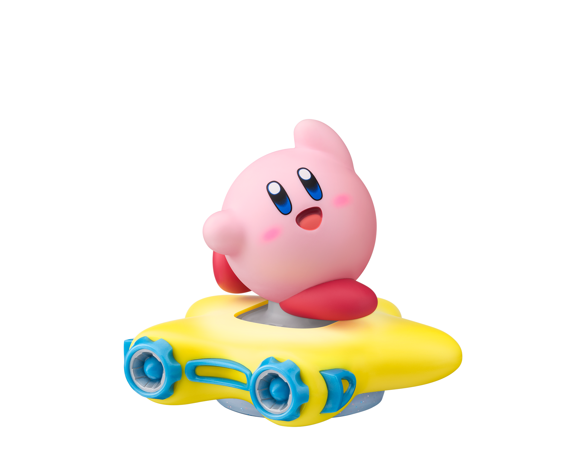Rosa Kirby in einem gelben Auto. Kirby hat blaue Augen, einen roten Mund und rote Füße. Das Auto hat blaue Akzente.