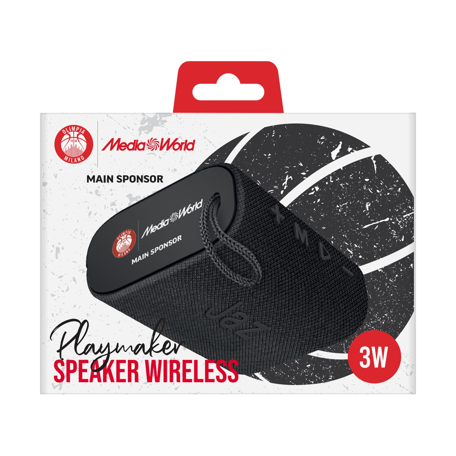 Un altoparlante wireless nero in una scatola. La scatola presenta i loghi di 'Olimpia Milano' e 'Media World'. Il testo recita 'Playmaker' e 'Speaker Wireless'.