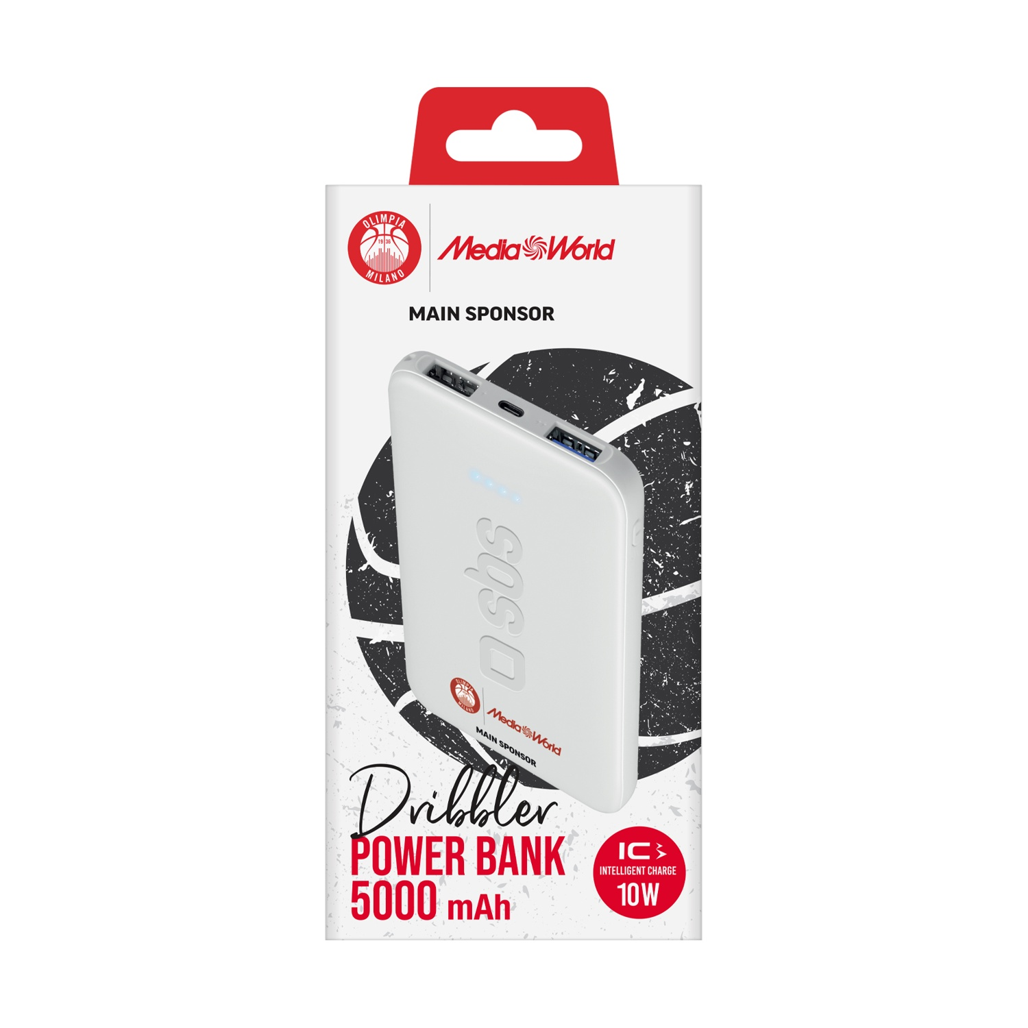 Power bank nella confezione. Power bank bianca con logo 'sbs'. La confezione presenta marchio e testo 'Dribbler Power Bank 5000 mAh'.