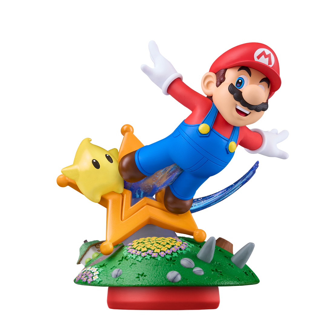 Mario-Figur, die auf einem Stern fliegt, mit roter Mütze und blauen Overalls, mit grüner Basis und gelbem Stern.