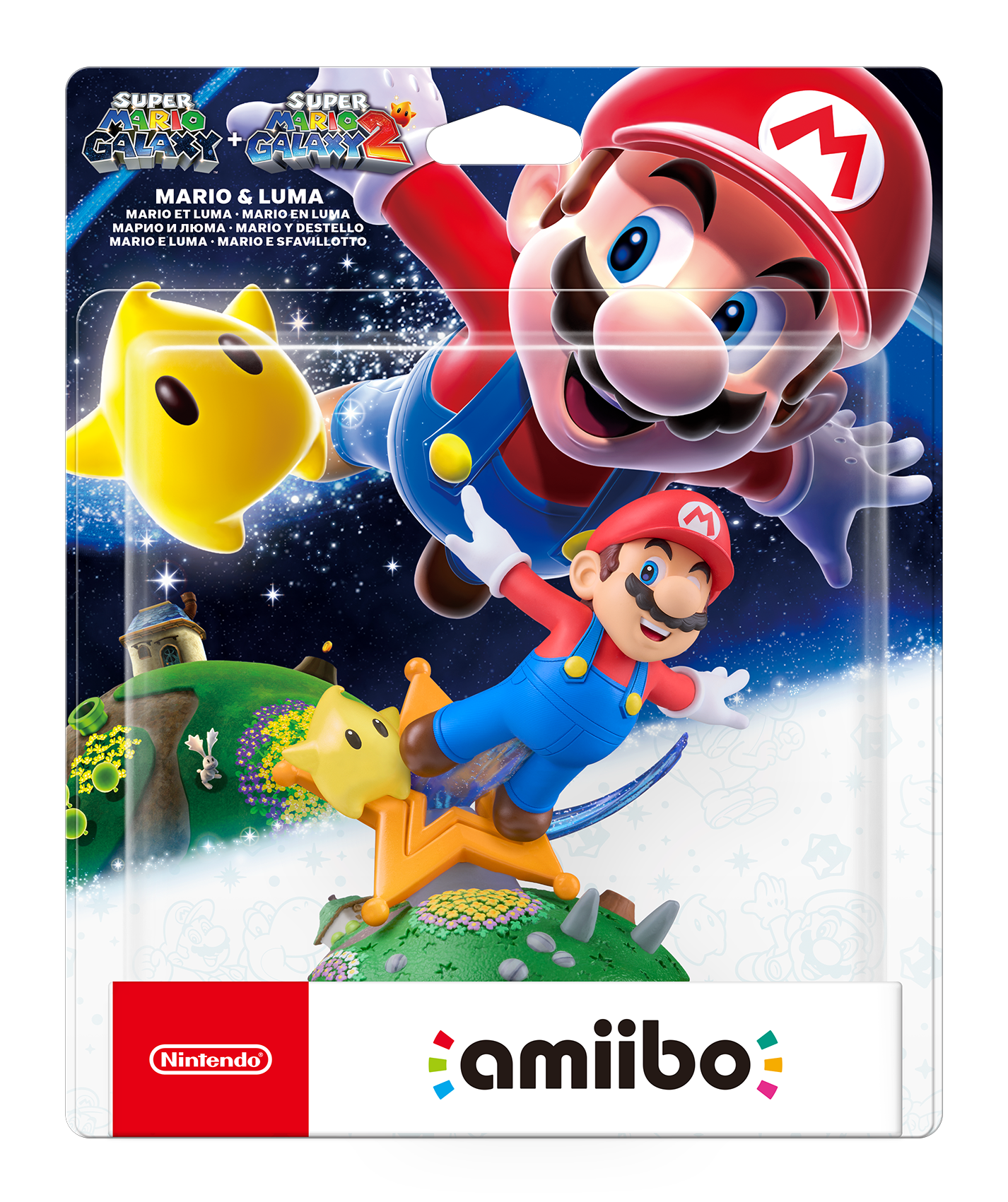 Eine Mario-Amiibo-Figur in einer Verpackung. Mario trägt eine rote Kappe und blaue Overalls. Luma-Stern ist ebenfalls vorhanden, sowie ein Galaxie-Hintergrund.