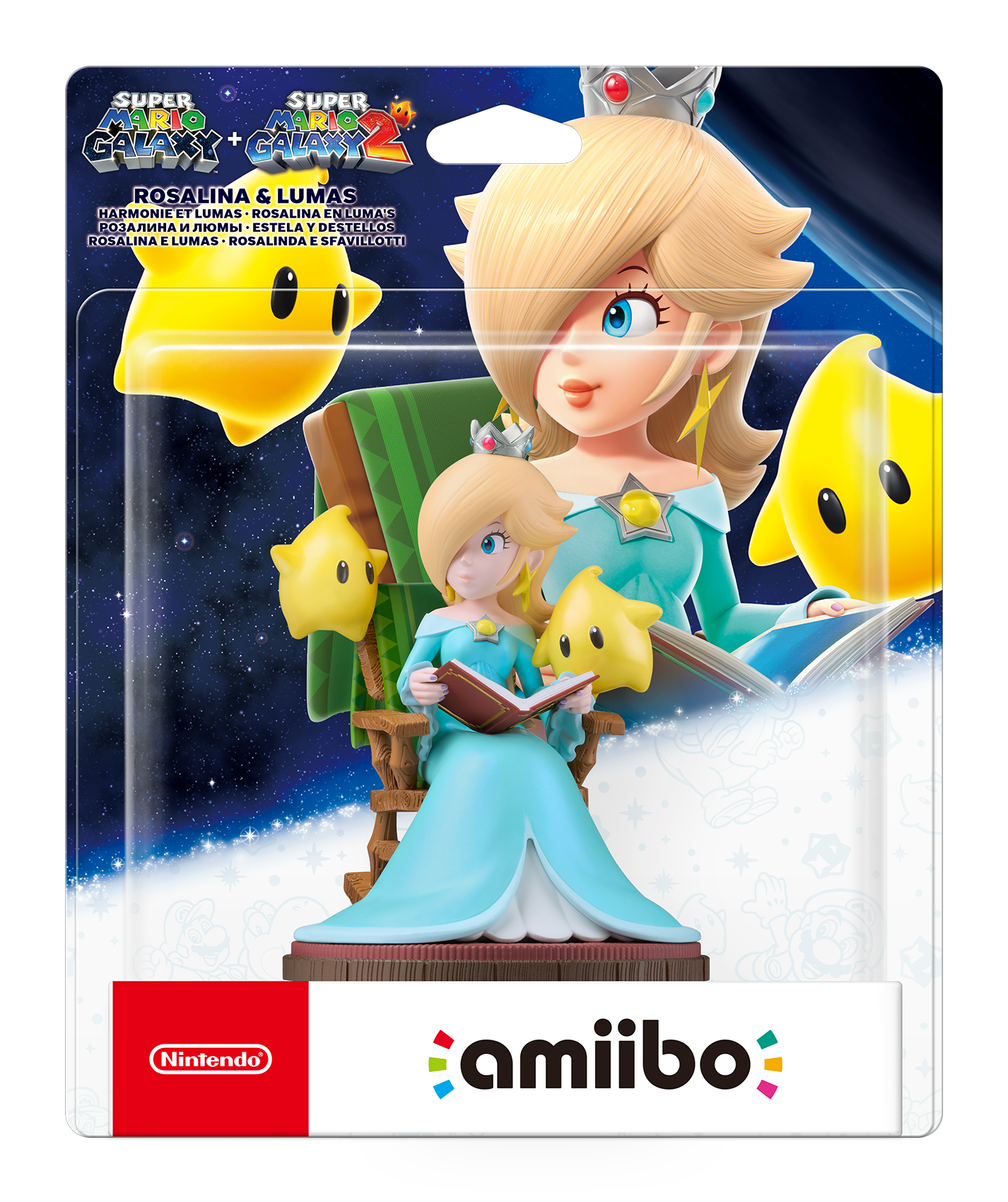 Rosalina Amiibo-Figur mit Lumas. Rosalina in blauem Kleid, Krone, liest ein Buch. Sternenhintergrund. Nintendo-Logo und amiibo-Logo.
