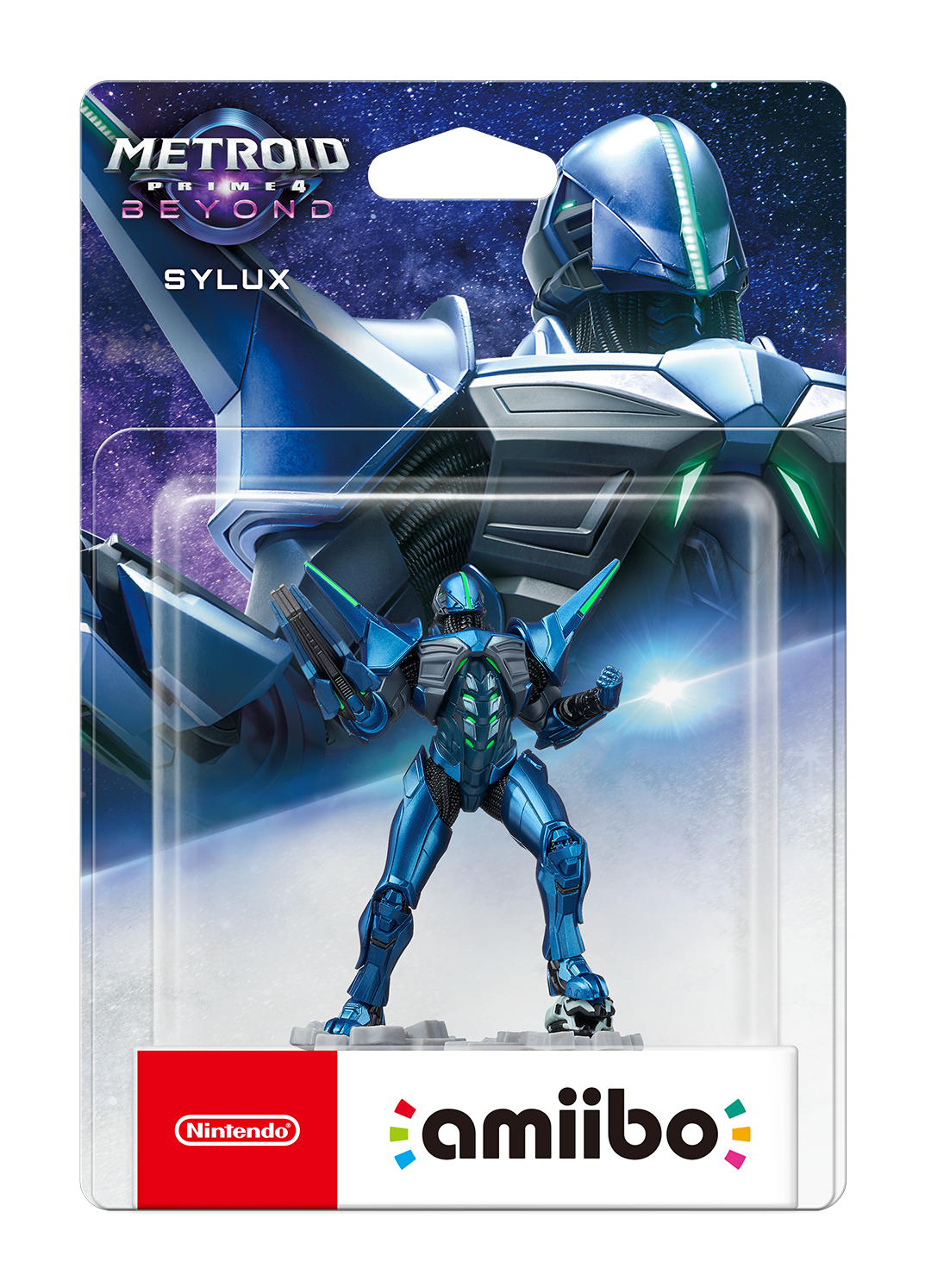 Eine Amiibo-Figur von Sylux, einem blau gepanzerten Charakter aus Metroid Prime 4. Der Hintergrund ist eine Weltraumszene mit dem Logo des Spiels.