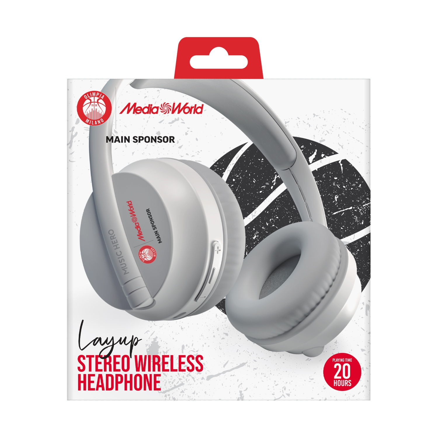 Un'auricolare stereo wireless bianca su una scatola bianca con testo rosso. La scatola presenta loghi e un tempo di riproduzione di 20 ore.