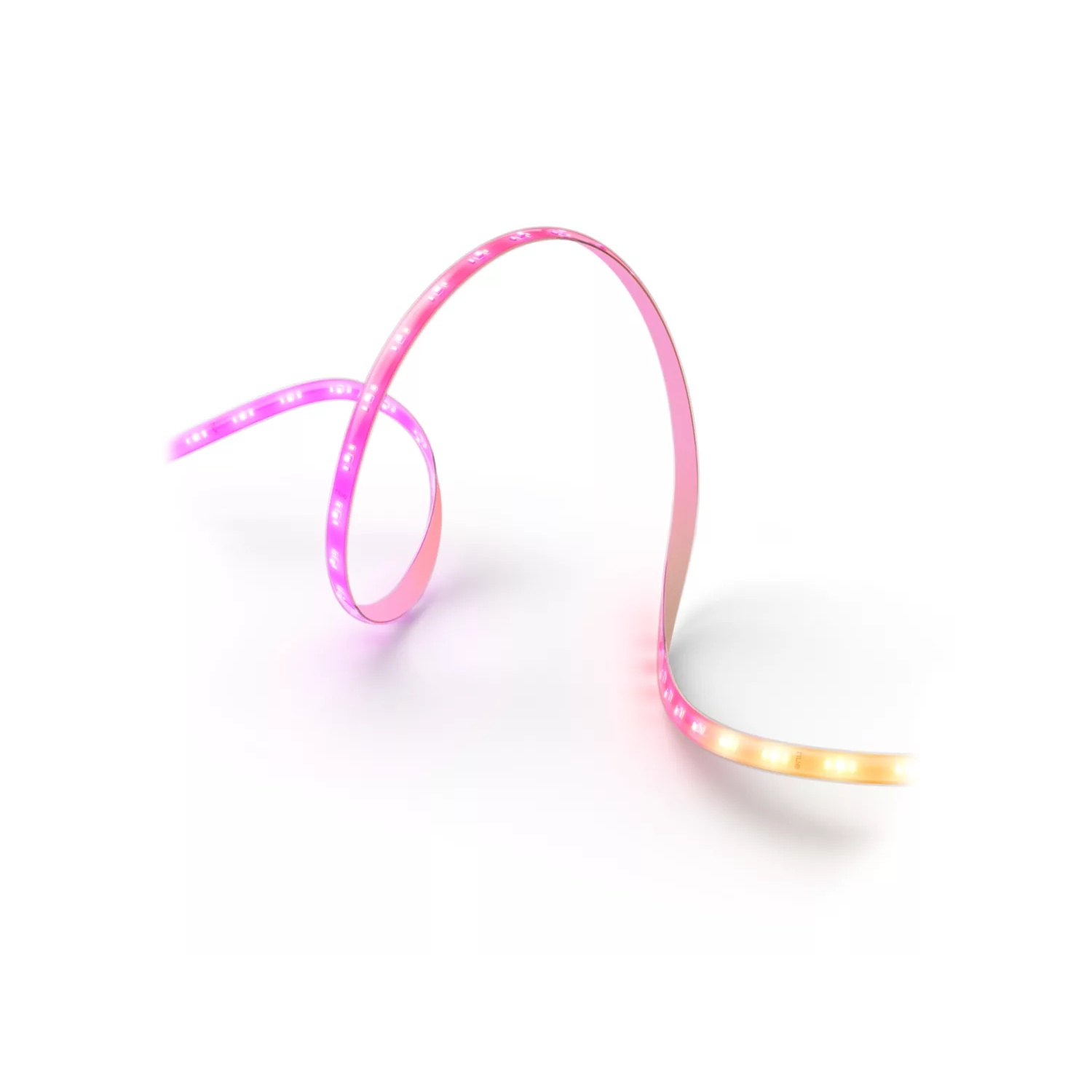 A flexible LED light strip, pink and orange, curved against a white background. The strip has many small lights.