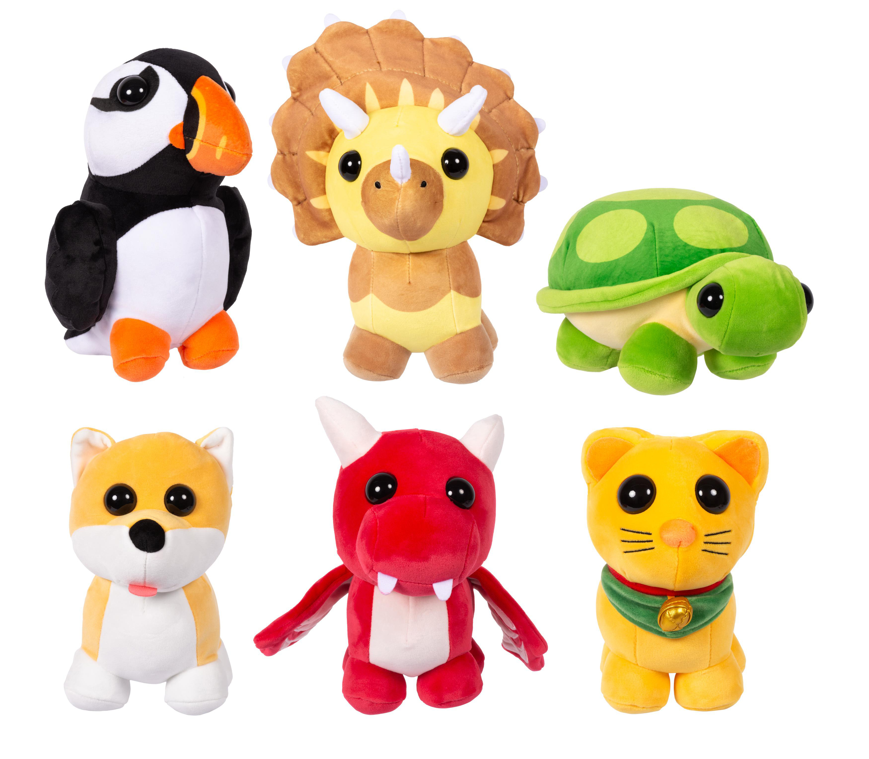 Sechs Plüschtiere: Papageientaucher, Triceratops, Schildkröte, Hund, Drache und Katze. Jedes hat große Augen und ist auf weißem Grund.