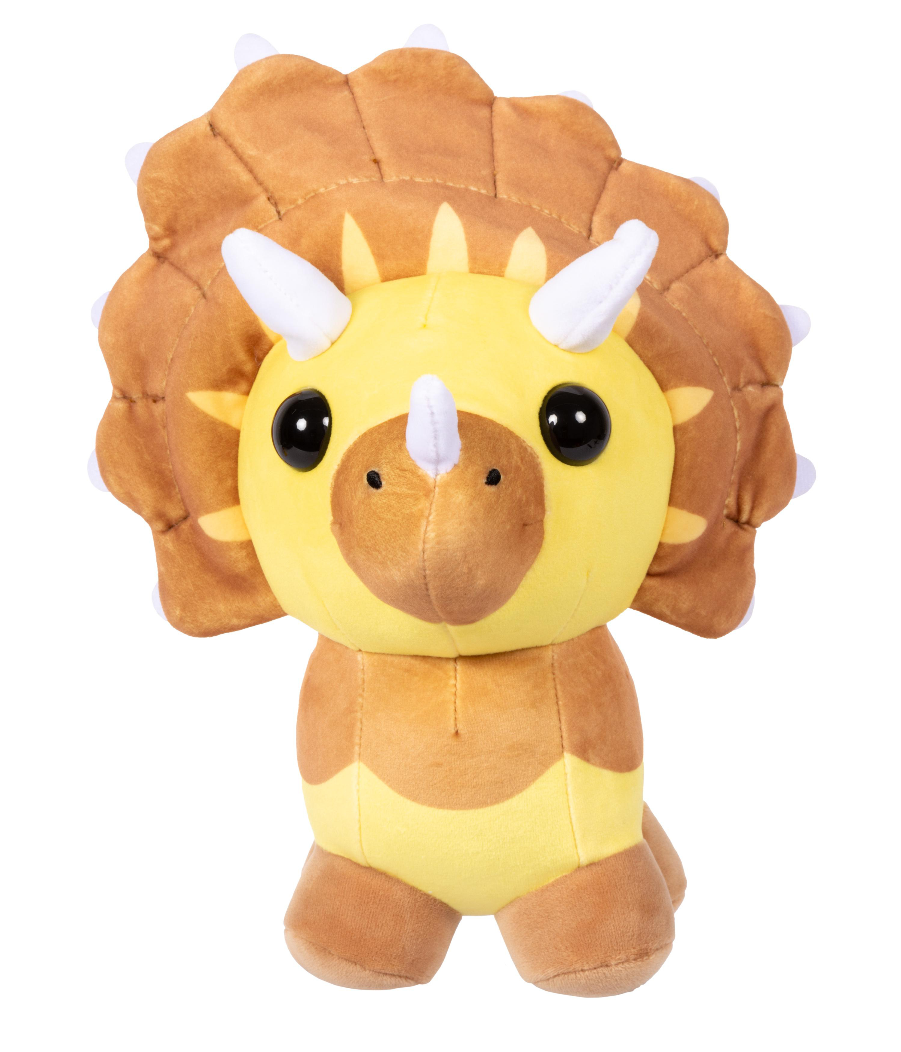 Ein Plüschtier Triceratops mit gelben und braunen Farben. Es hat weiße Hörner und Stacheln.
