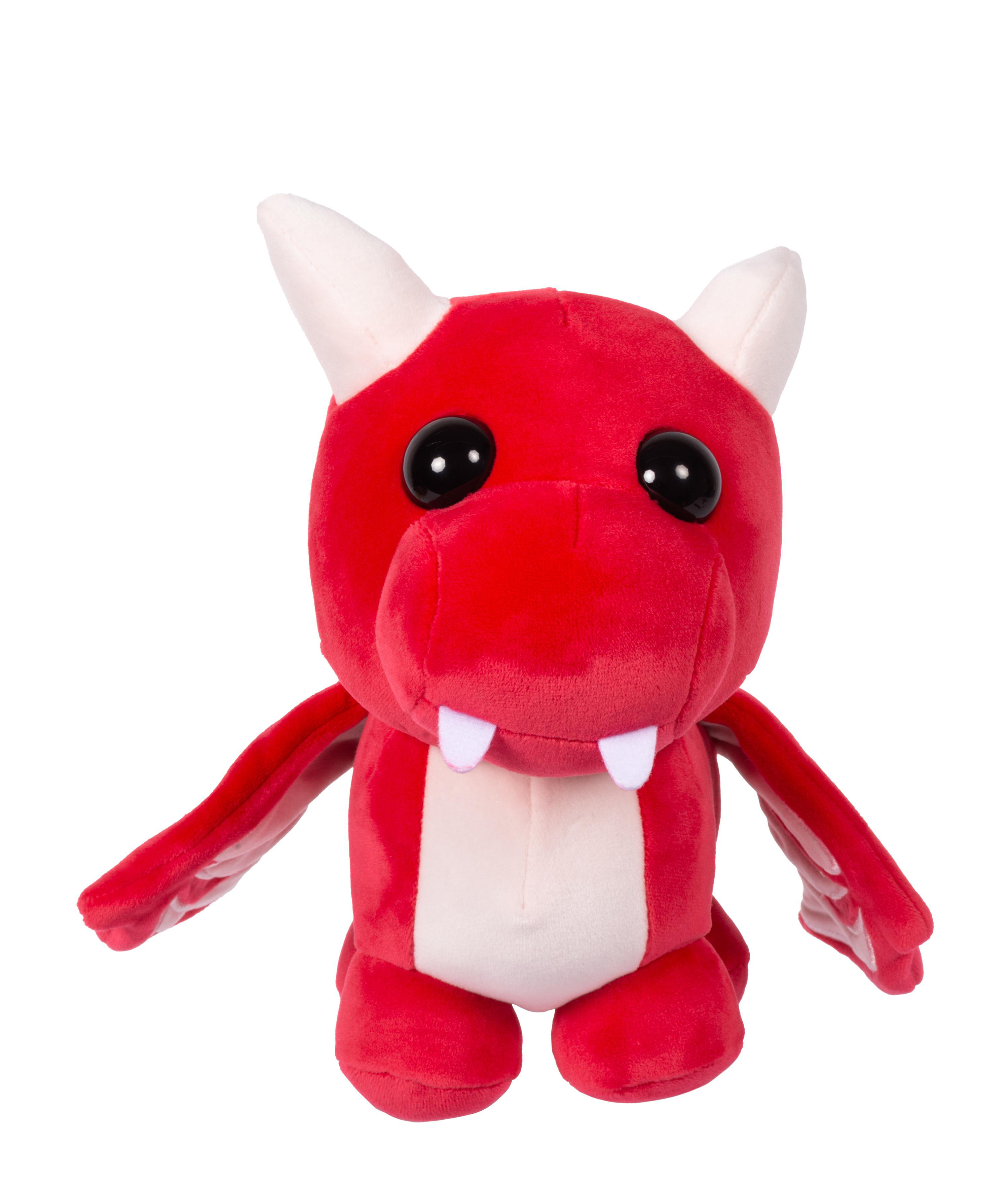 Ein rotes Drachenplüschtier mit weißen Hörnern, Zähnen und Bauch und schwarzen Augen vor weißem Hintergrund.