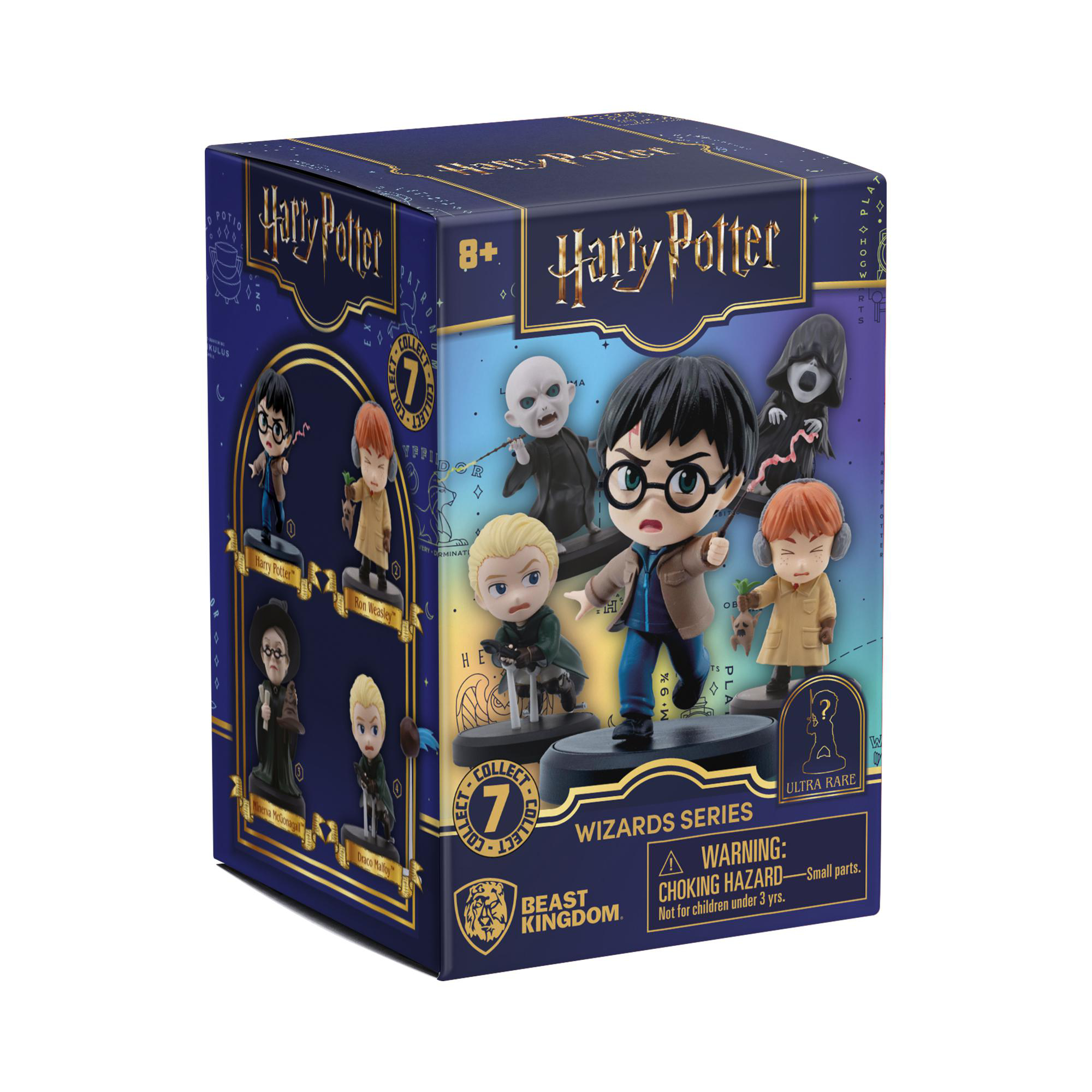 Eine Harry-Potter-Sammelbox mit Figuren von Charakteren wie Harry, Ron und Draco Malfoy, mit dem Serienlogo.