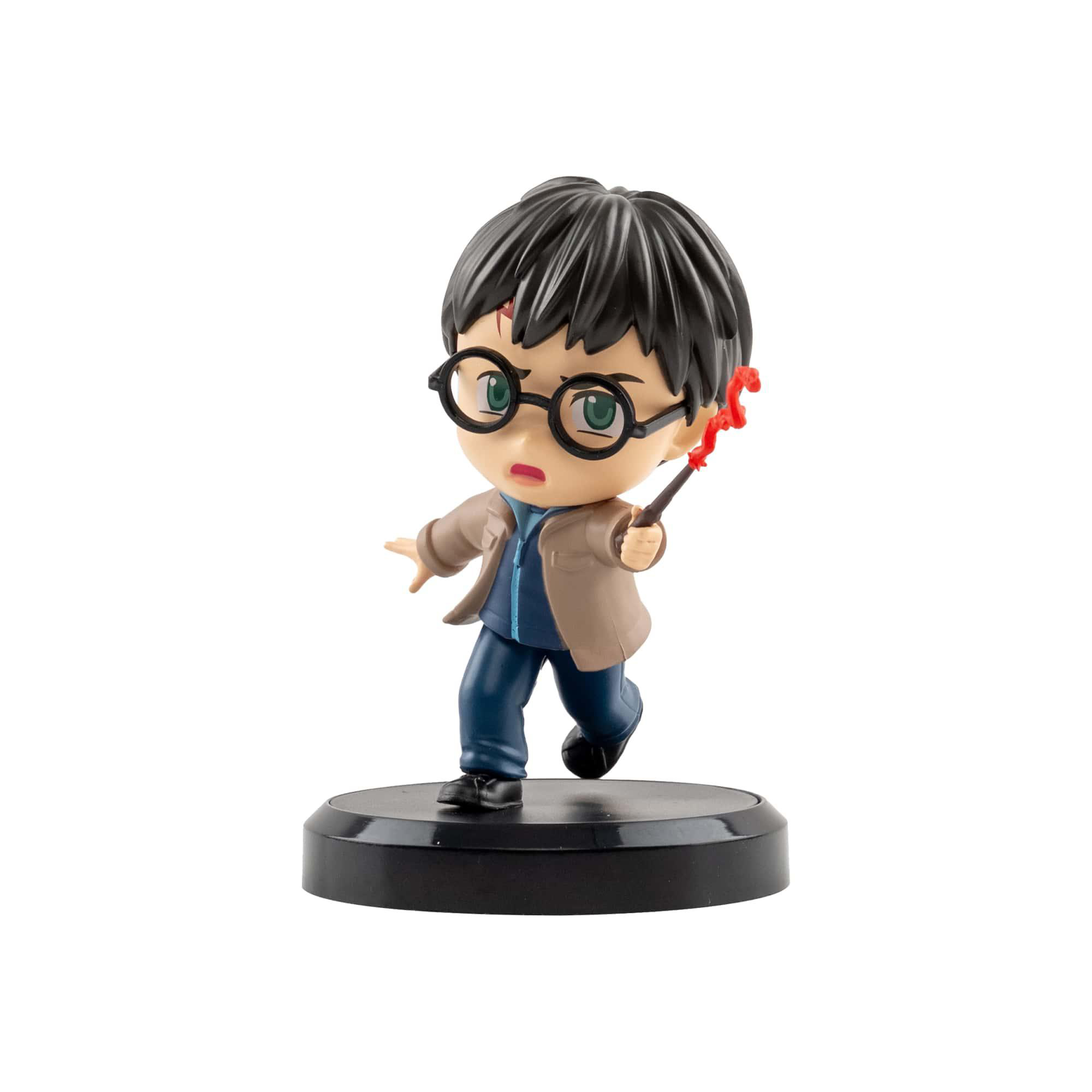 Eine Harry-Potter-Figur mit Brille und Zauberstab. Sie steht auf einem schwarzen Sockel.