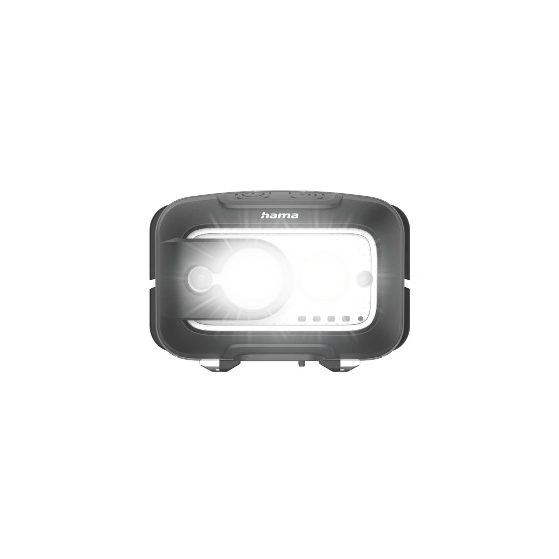 Egy fekete Hama LED-lámpa fehér háttéren középen. Erős fénye van, és egy sor kis lámpa jelzi az akkumulátor élettartamát.