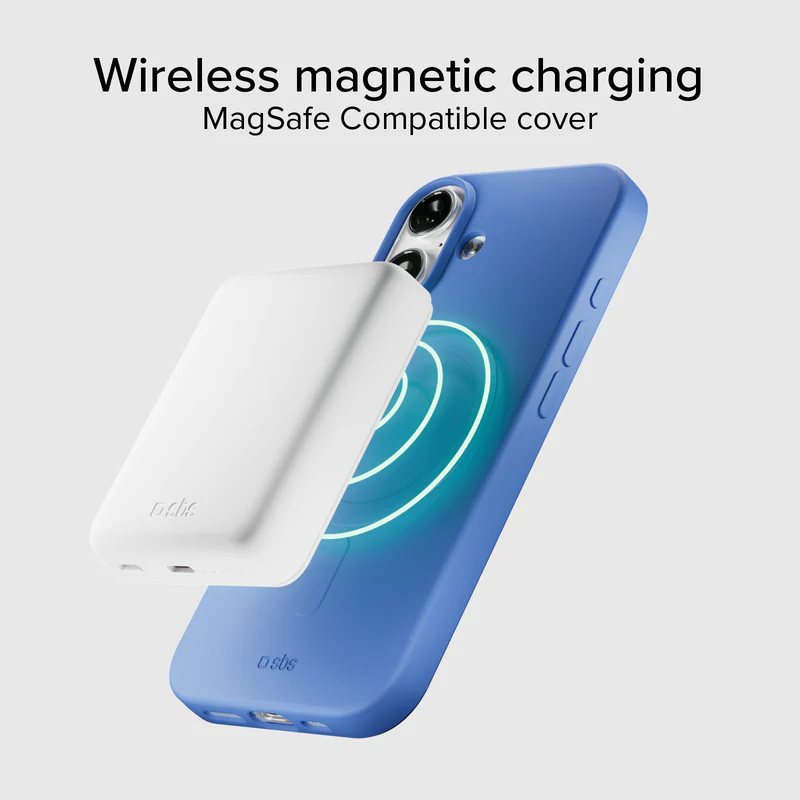 Eine weiße Powerbank wird magnetisch an einer blauen Handyhülle befestigt, mit einer drahtlosen Ladeanzeige. Text: Kabelloses magnetisches Laden.
