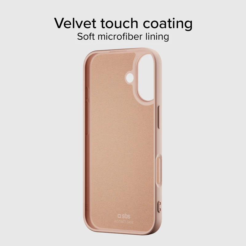 Eine rosa Handyhülle mit samtiger Beschichtung, weichem Mikrofaserfutter und dem sbs Instinct Case Logo auf hellem Hintergrund.