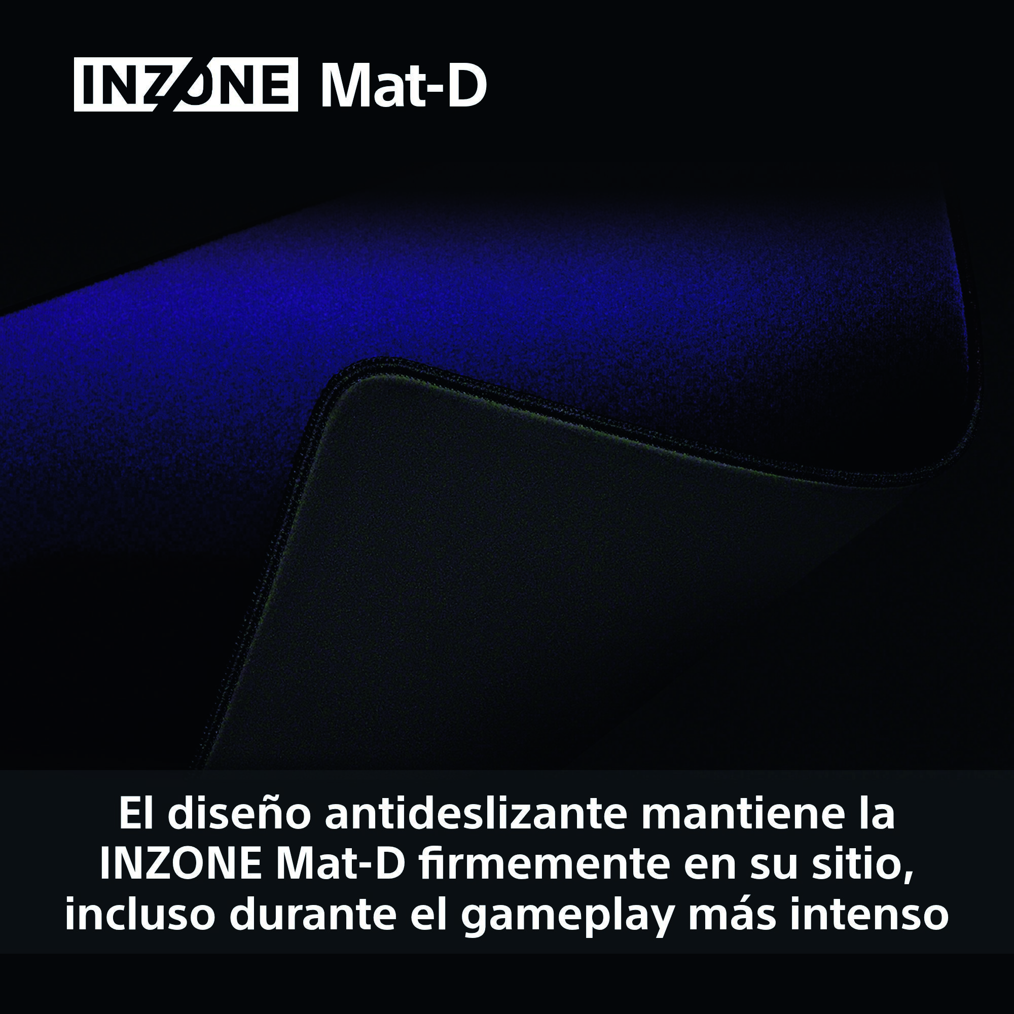 Primer plano de una alfombrilla de ratón morada con borde negro. El logotipo de INZONE está en la parte superior, con texto en español.