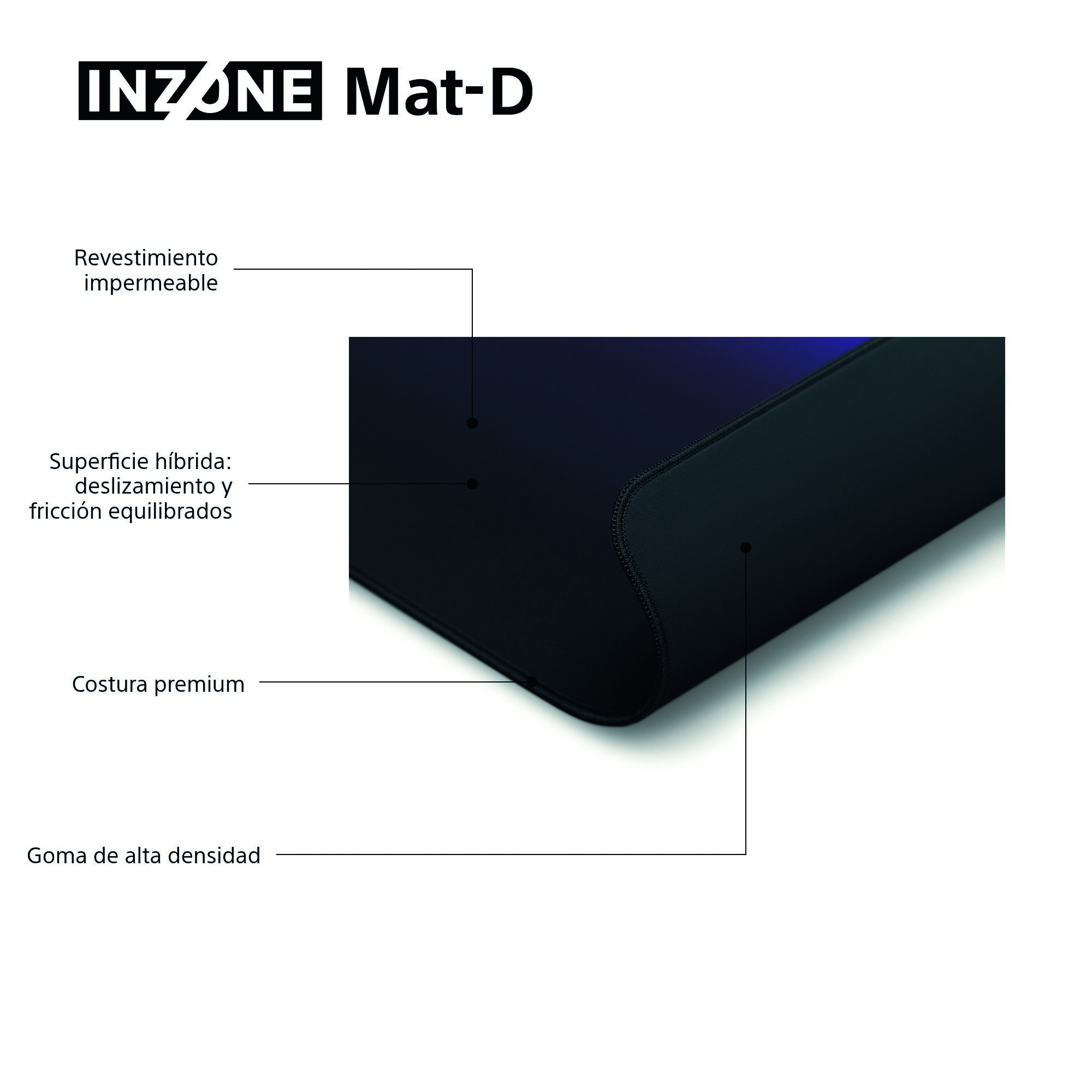 Alfombrilla INZONE Mat-D negra. Características: revestimiento impermeable, superficie híbrida, costuras premium y goma de alta densidad.