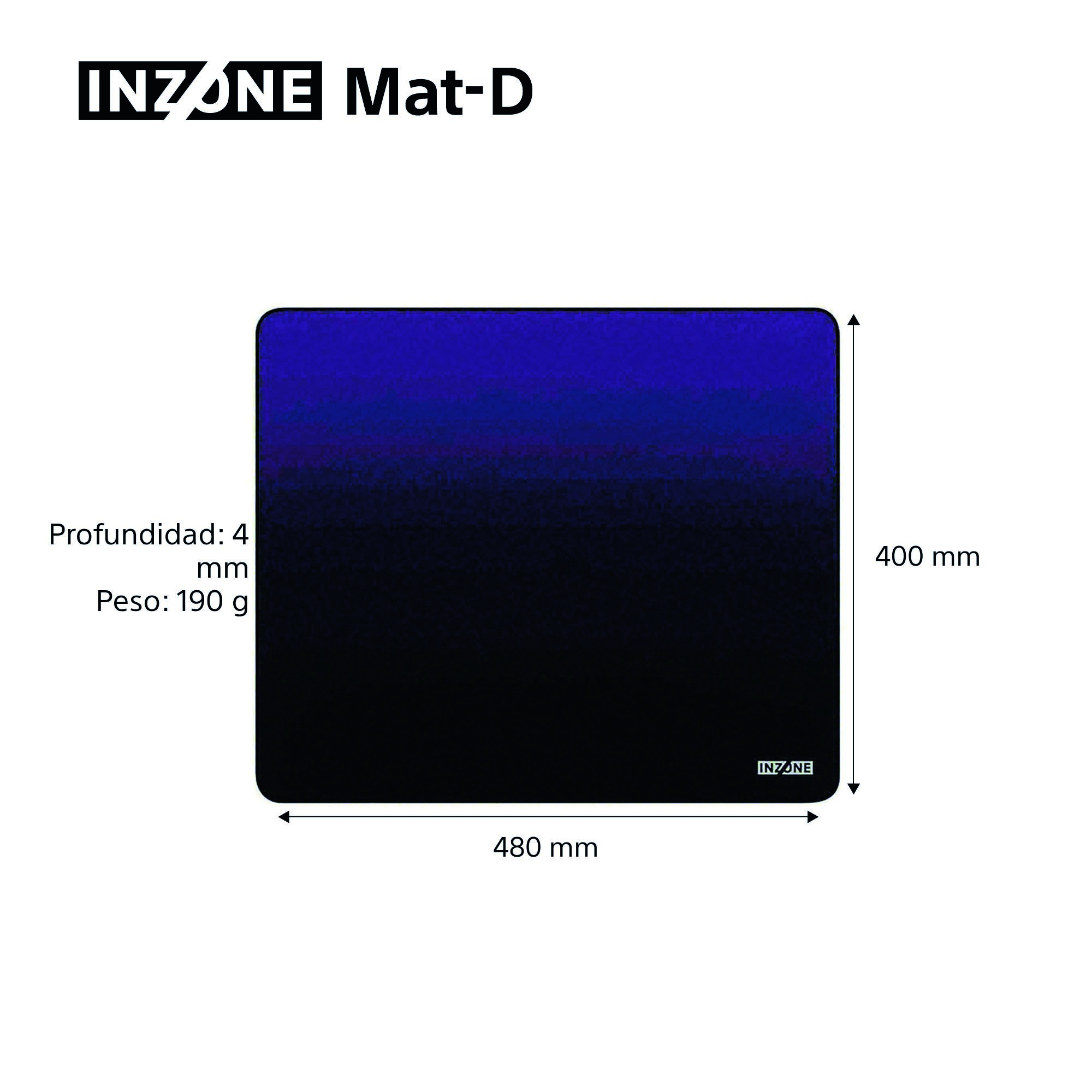 Una alfombrilla de ratón INZONE Mat-D rectangular. Es morada y negra. Dimensiones: 480x400mm. El texto indica profundidad y peso.
