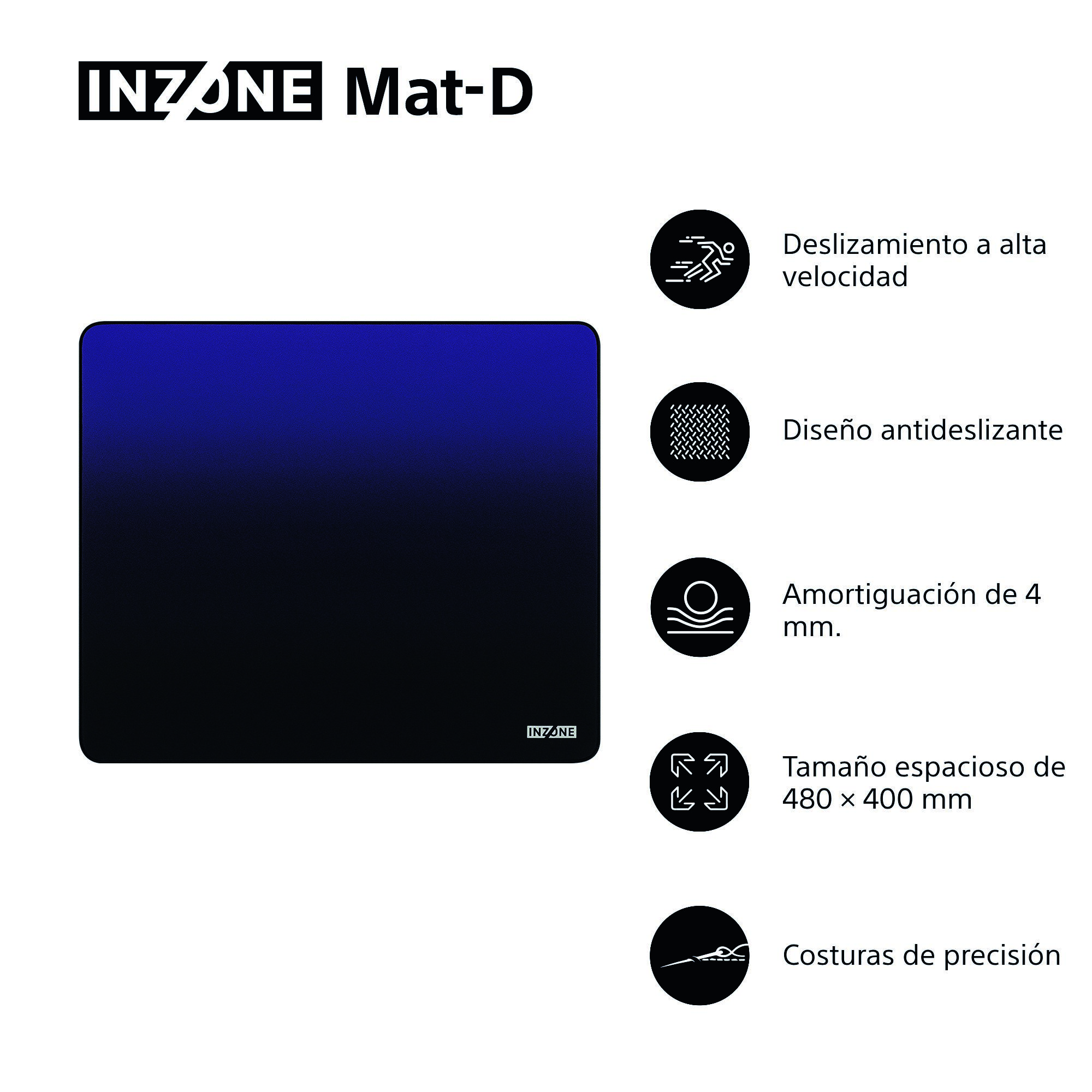 Una alfombrilla de ratón Inzone Mat-D con un diseño degradado púrpura/negro. Características: deslizamiento de alta velocidad, diseño antideslizante, amortiguación de 4 mm y costuras de precisión.