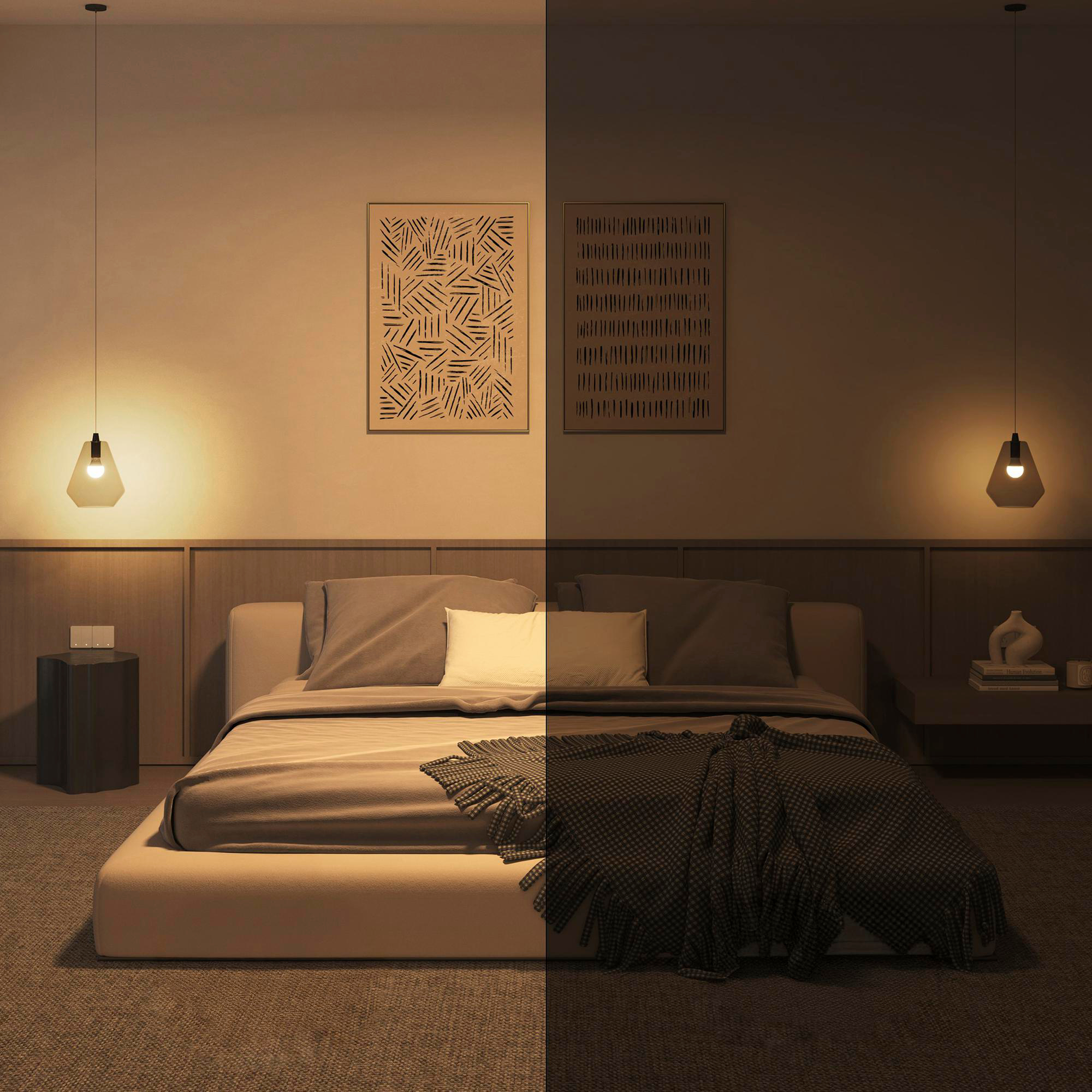 Ein Schlafzimmer mit Bett, zwei Pendelleuchten und Kunst. Der Raum ist mit unterschiedlicher Beleuchtung unterteilt.