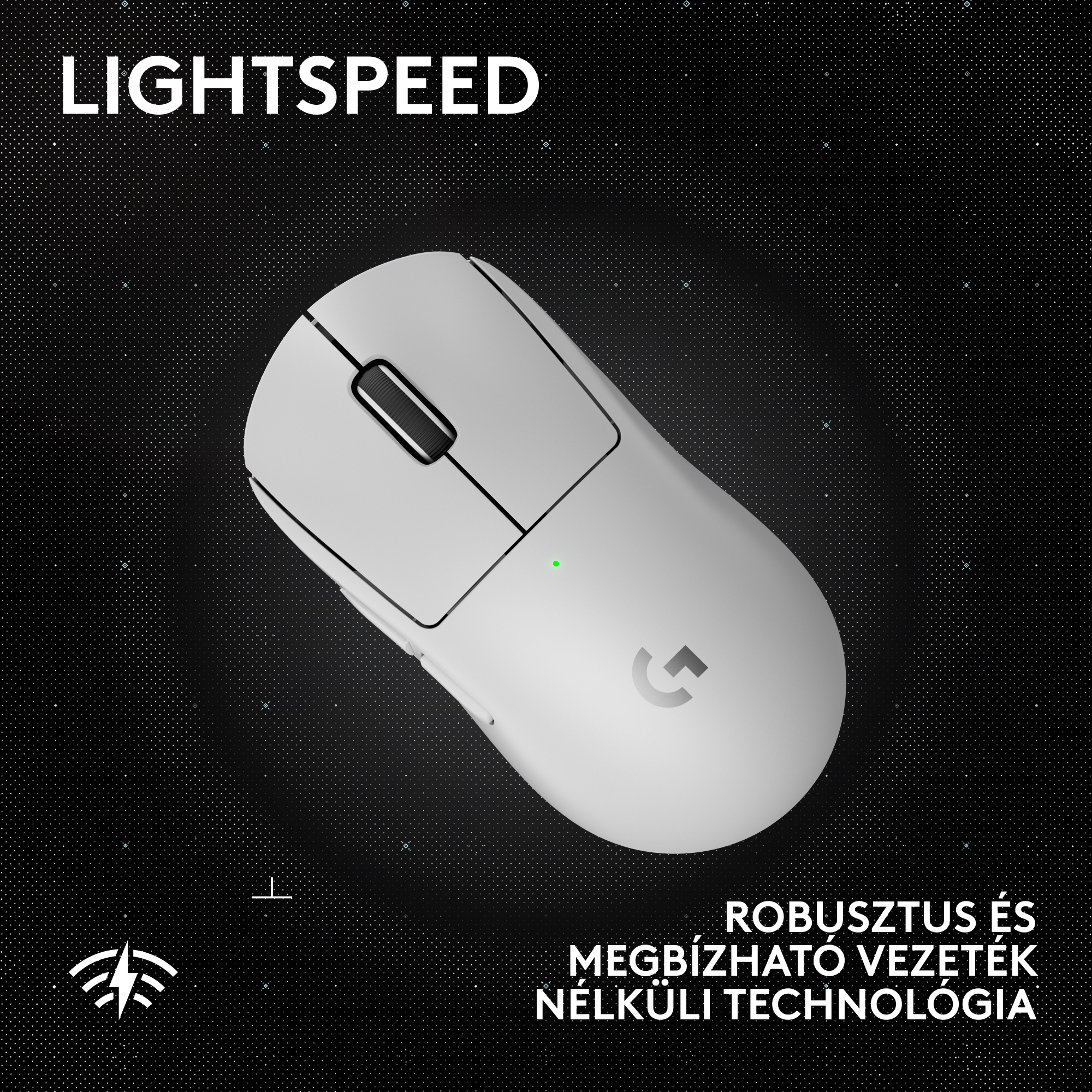 Fehér vezeték nélküli számítógépes egér fekete háttérrel, felül a LIGHTSPEED felirattal.